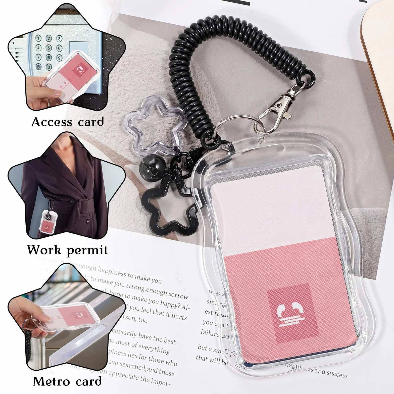 SHENLIU Śliczny uchwyt na fotokartkę, plastikowy uchwyt na identyfikator, fala gwiazd, fotokartka, brelok z linką sprężynową, etui na identyfikatory nauczyciela, na kartę do pracy, klips do autobusu