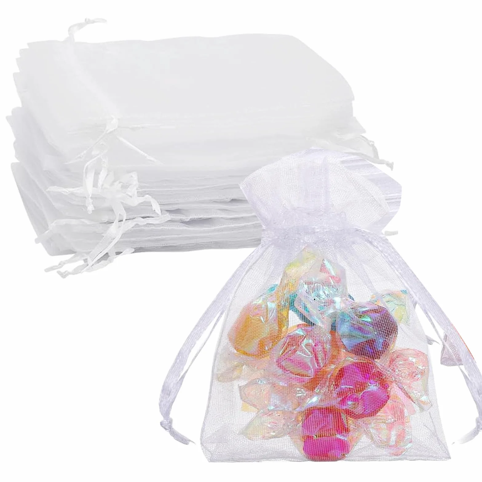 ZHITENG 100 sztuk Woreczki z organzy, 7 × 9 cm woreczki na prezenty ze sznurkiem satynowe małe przezroczyste torby na prezenty, na ślub Boże Narodzenie urodziny rocznica (biały)