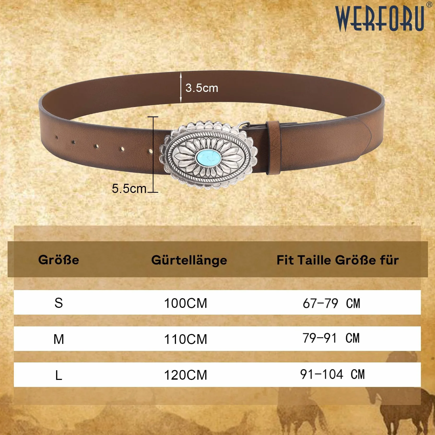 WERFORU Damski pasek skórzany w stylu vintage western, kowbojka, retro, turkusowy, do dżinsów, spodni, sukienek