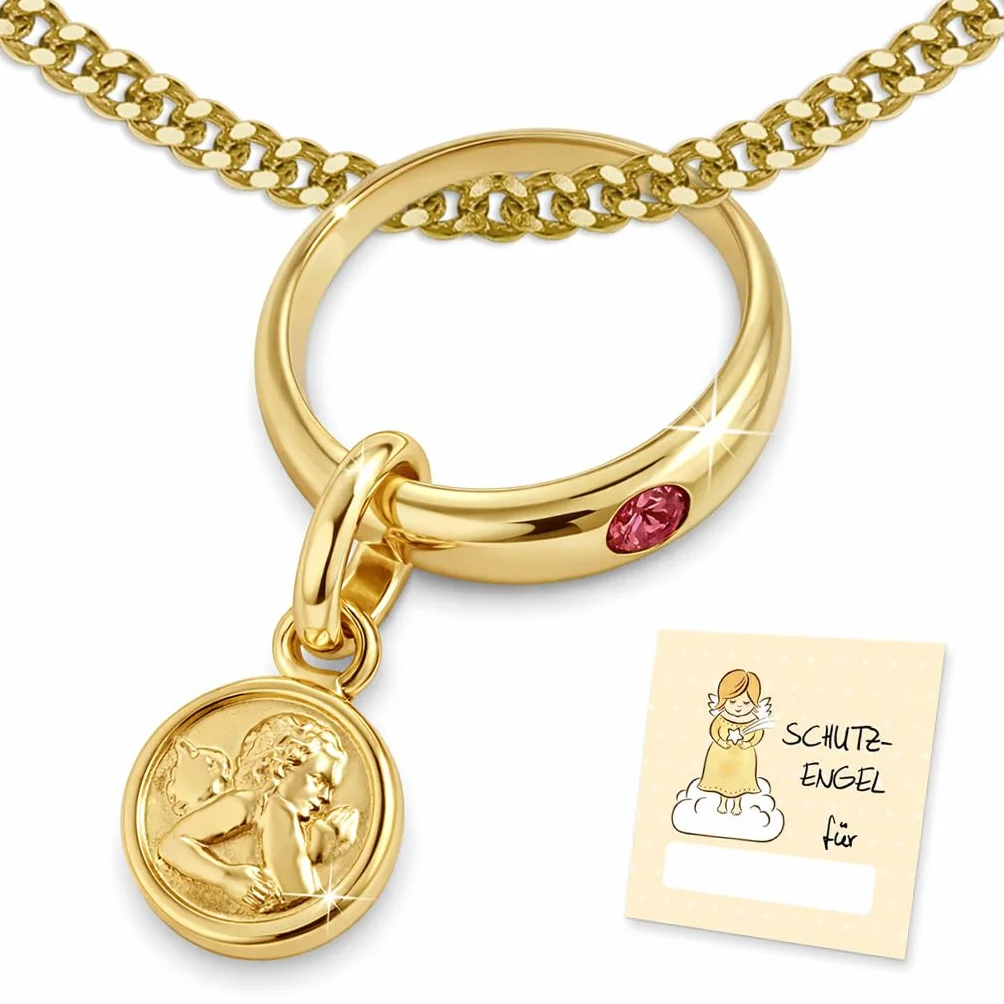 CLEVER SCHMUCK Złoty pierścionek do chrztu z aniołkiem stróżem i czerwonym kamieniem, z łańcuszkiem pancerka 36 cm, srebro próby 925 pozłacane, prezent na chrzest, w etui