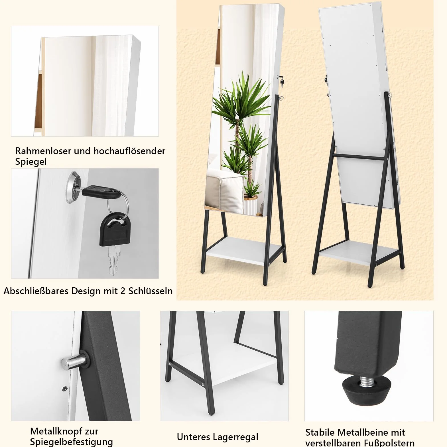 COSTWAY Szafka na biżuterię z lustrem, szafka z lustrem na biżuterię z 3-kolorowym oświetleniem LED, zamykana, dodatkowa półka, 41,5 x 37 x 157 cm (biała)