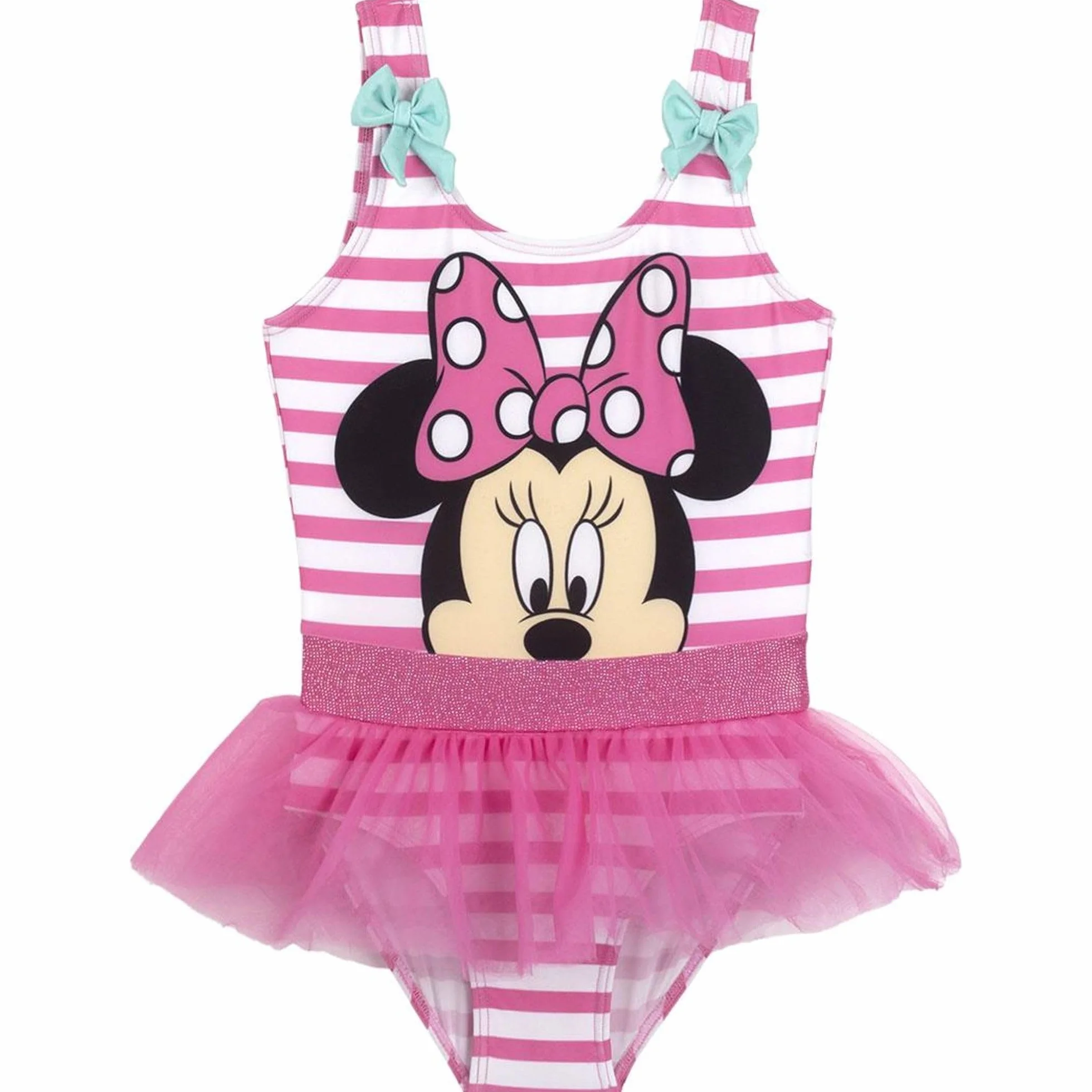 CERDÁ LIFE'S LITTLE MOMENTS Dziewczęcy kostium kąpielowy z falbankami, 85, 15% elastanu, z podszewką w 100% z poliestru i figurkami Minnie, oficjalny produkt licencjonowany Disney, różowy, 4 lata