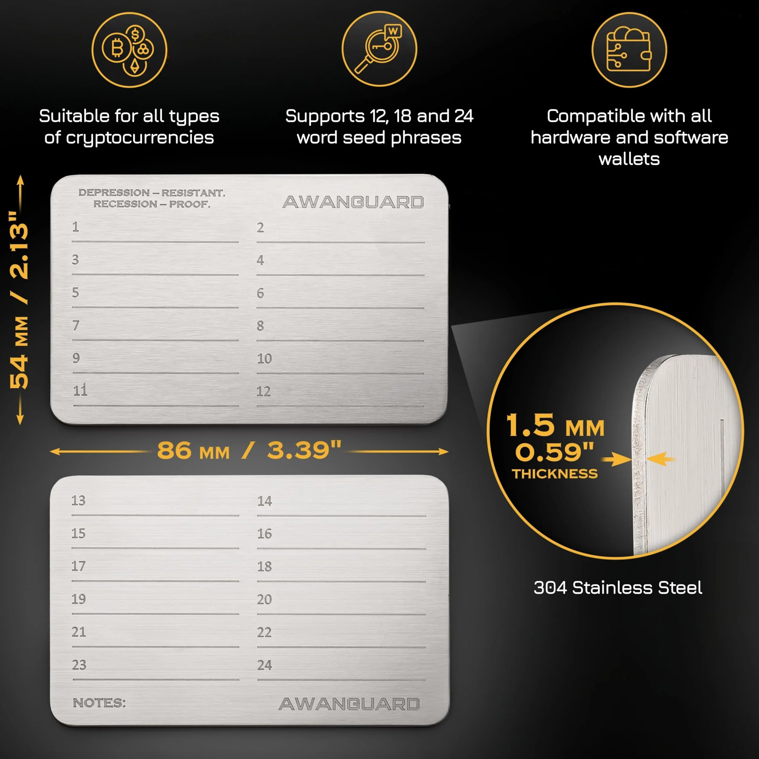 Steel Wallet - Stalowy Portfel Kryptowalutowy, 3x24 Seed Phrase Metal Plates, Stalowa Kopia Zapasowa, Kompatybilny z Ledger, Trezor i WSZYSTKIMI Portfelami Sprzętowymi i Programowymi