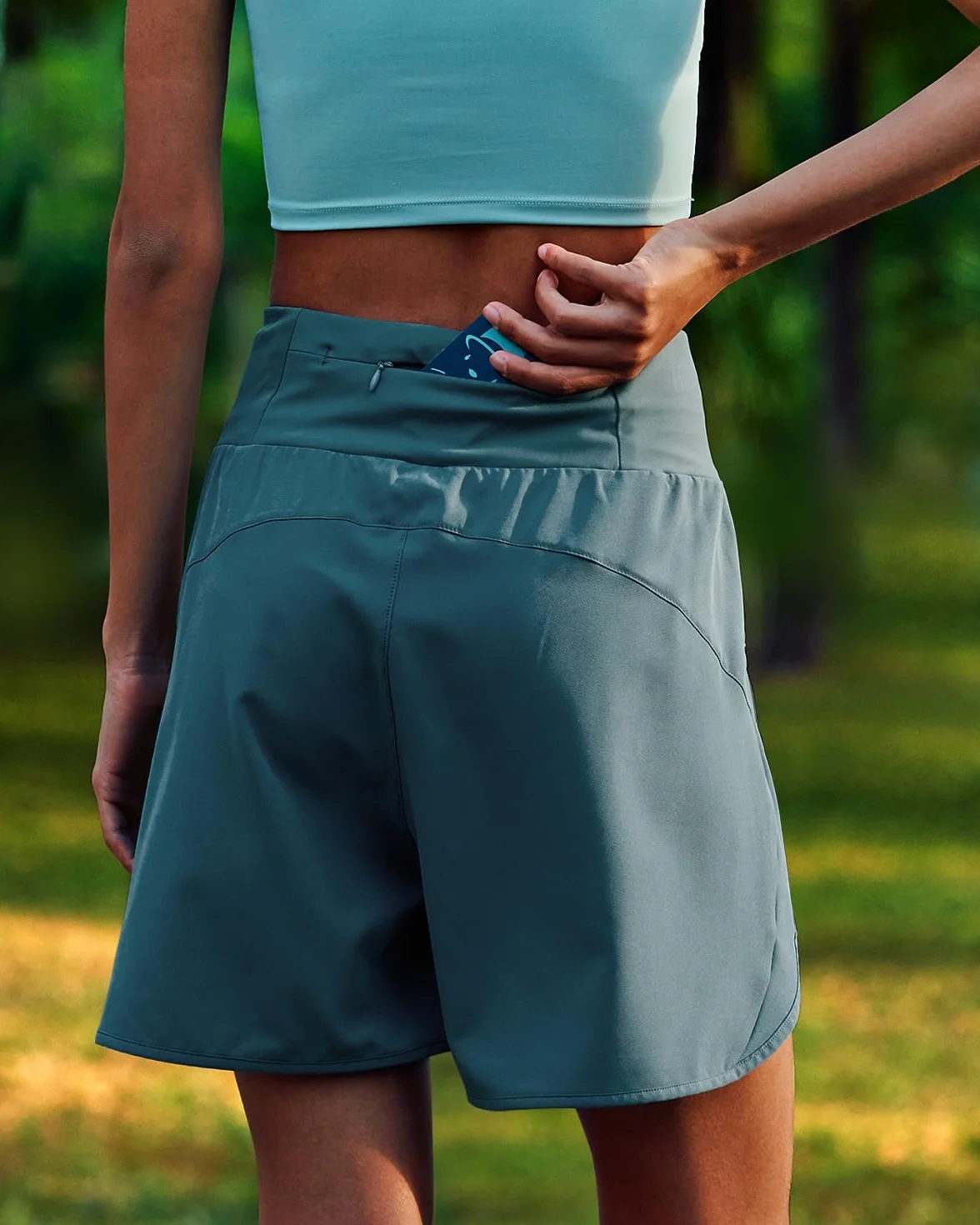 BebreezChic Damskie szorty do biegania z wysokim stanem lato 2 w 1 spodenki gimnastyczne szybkoschnące sportowe spodenki treningowe do jogi z kieszenią na zamek błyskawiczny
