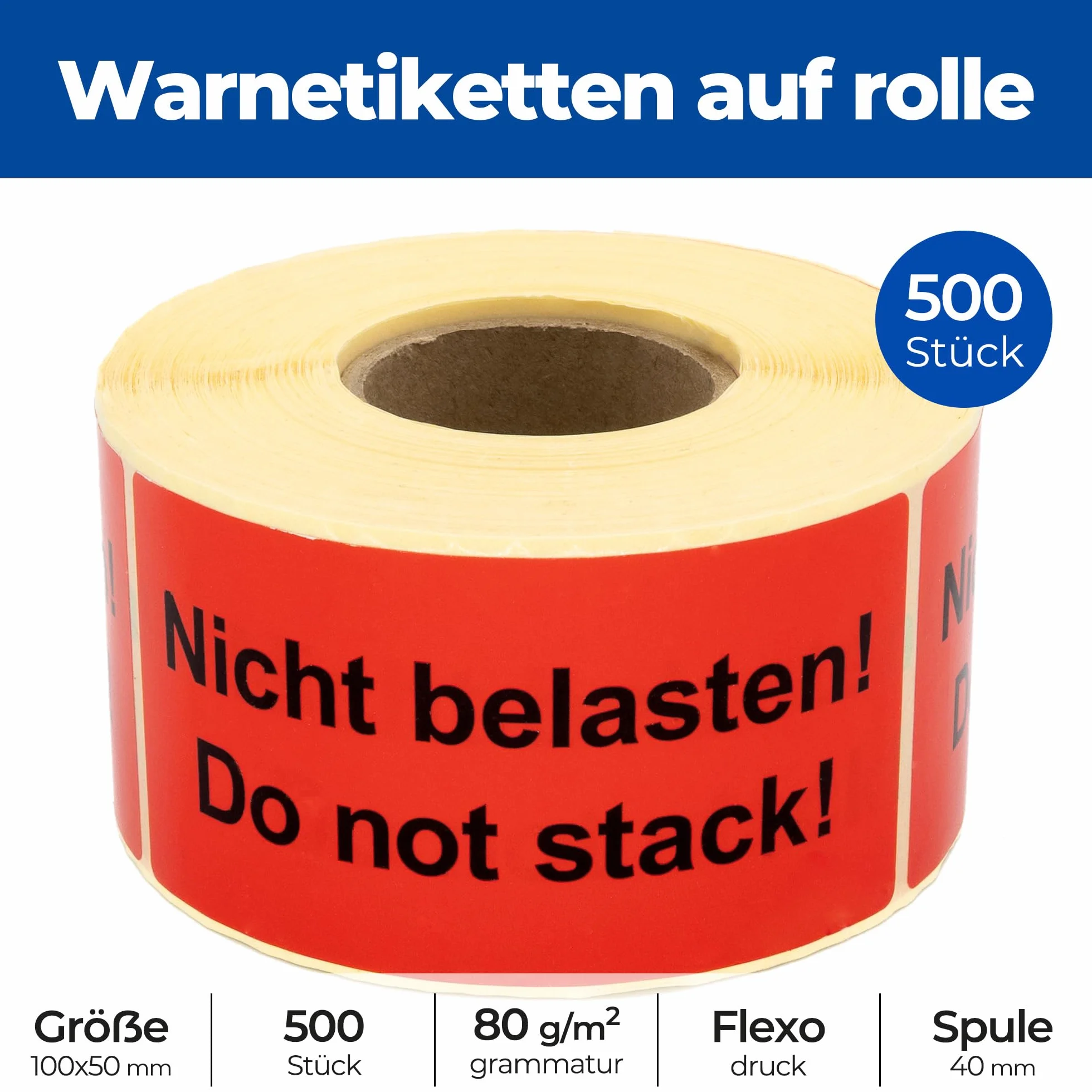 Etykiety ostrzegawcze na rolce 100 x 50 mm – 500 – nie obciążaj! Do not stack! – naklejki wysyłkowe – papier samoprzylepny – jaskrawoczerwony mocno przywierający – Wskazówka dotycząca wysyłki