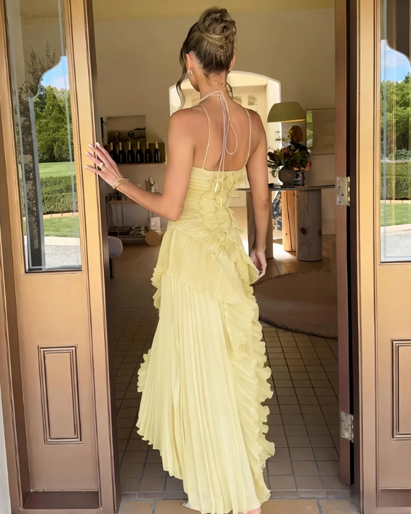 Plisowana sukienka maxi Lotus Edge dla kobiet, bez pleców, bez rękawów, asymetryczna, marszczona, wielowarstwowa, elegancka, formalna sukienka