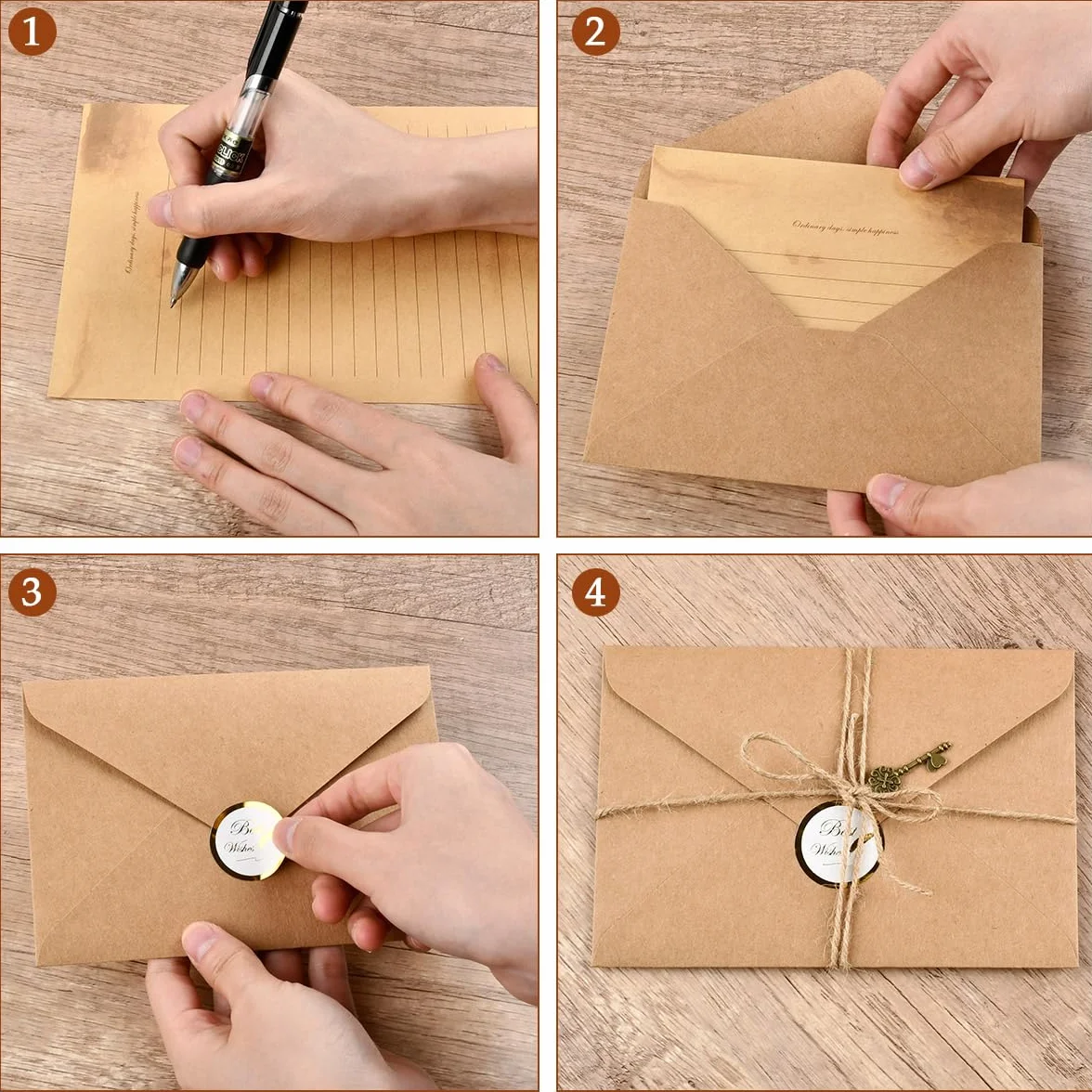 Zestaw papieru listowego i kopert w stylu vintage 60 sztuk, papier do tekstu w stylu vintage - 20 arkuszy A5 papieru w stylu vintage, 10 kopert kraft, 10 kluczy w stylu retro, 10 lin konopnych, 10