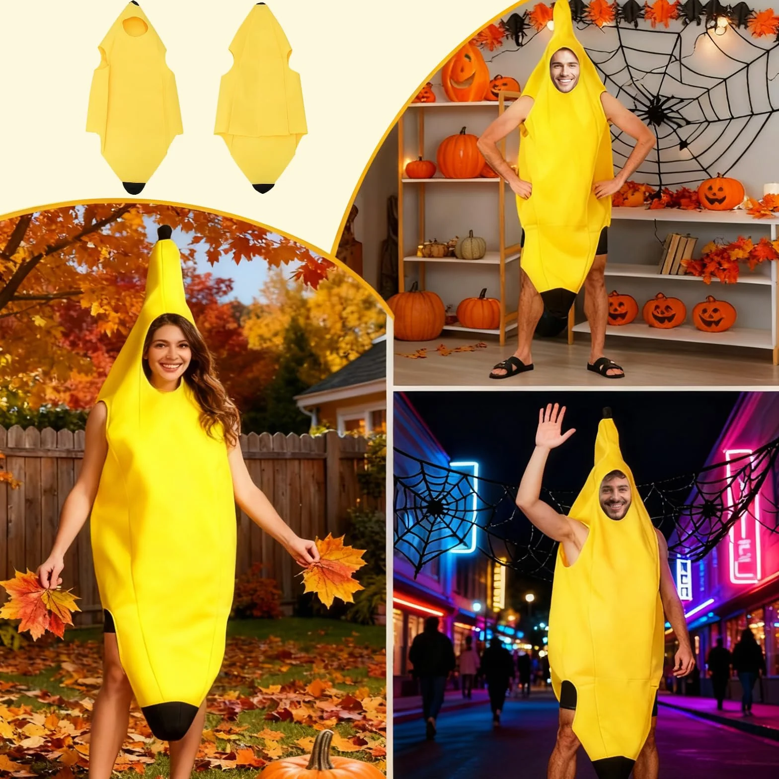Kostium bananowy dla dorosłych, uniseks, zabawny kostium banana z żółtymi okularami, na karnawał, Halloween i imprezę cosplay, zabawny kostium dla mężczyzn i kobiet, 150-175 cm, kostium