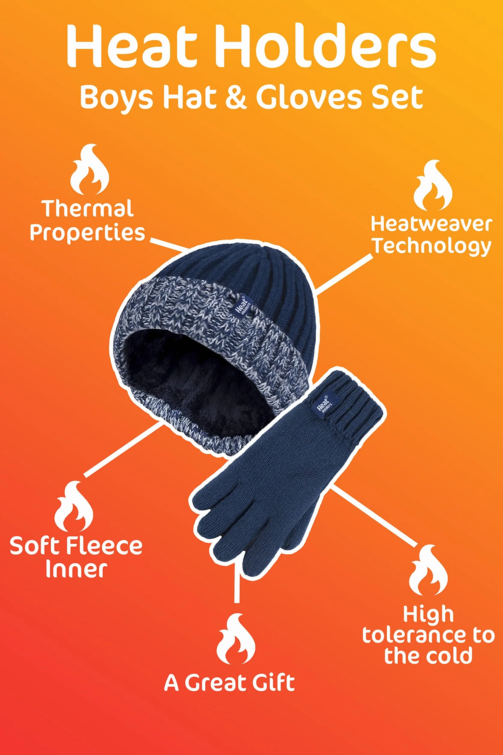 Heat Holders - Dzieci chłopcy zima ciepły polar wyściełany izolowany dzianinowy przewijany mankiet prążkowany zestaw czapka i rękawiczki