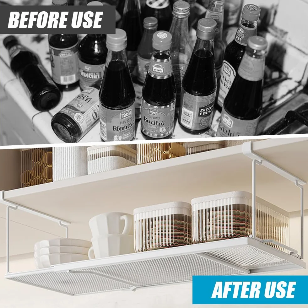 Kosz wiszący z metalu z regulacją 38-70 cm, wysuwany kosz pod regałem, regał wiszący, organizer do szafek kuchennych, spiżarni i szaf na ubrania (biały)