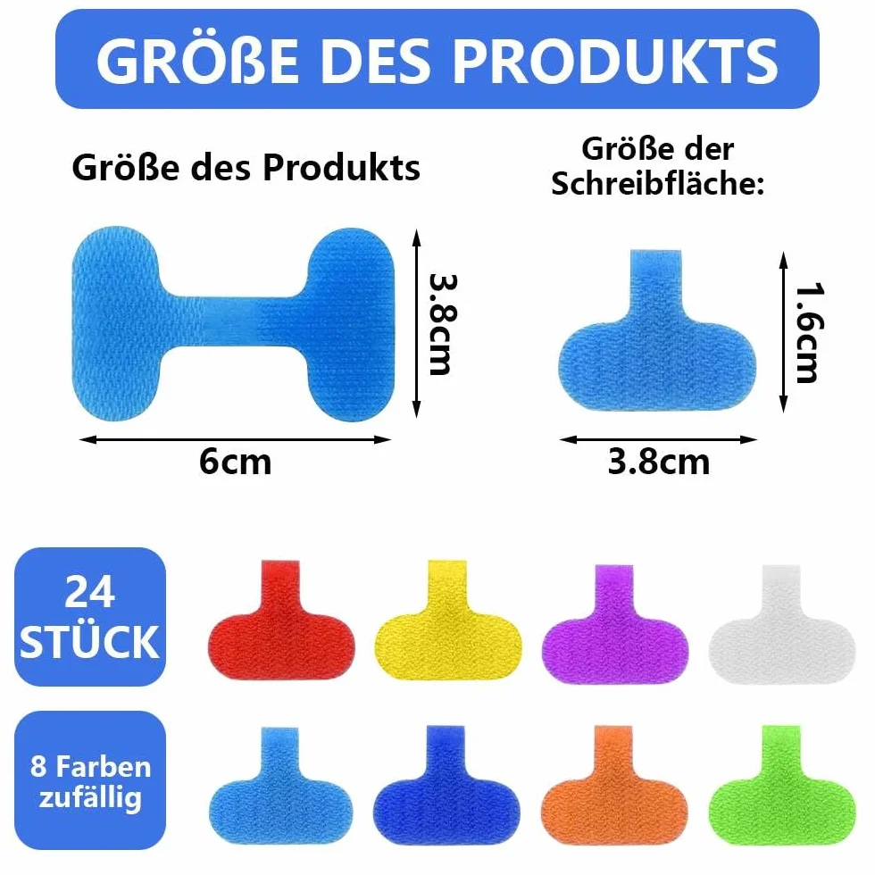 24 etykiety na kable, samoprzylepne etykiety na kable, zestaw etykiet do opisywania kabli do zarządzania kablami i organizacji (8 kolorów, 2 x 4 cm)