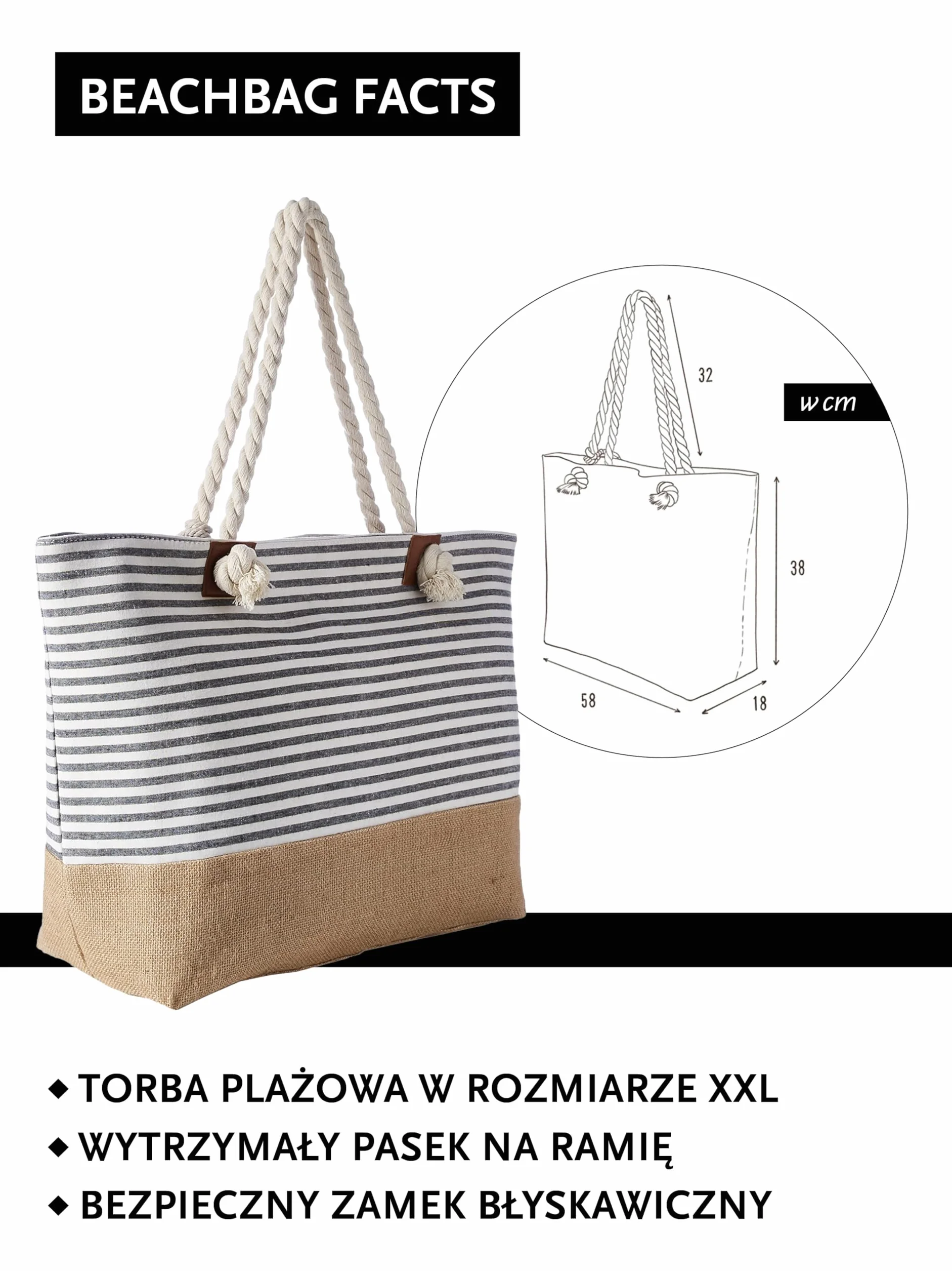DonDon torba plażowa XXL rodzinna torba plażowa damska duża z zamkiem błyskawicznym