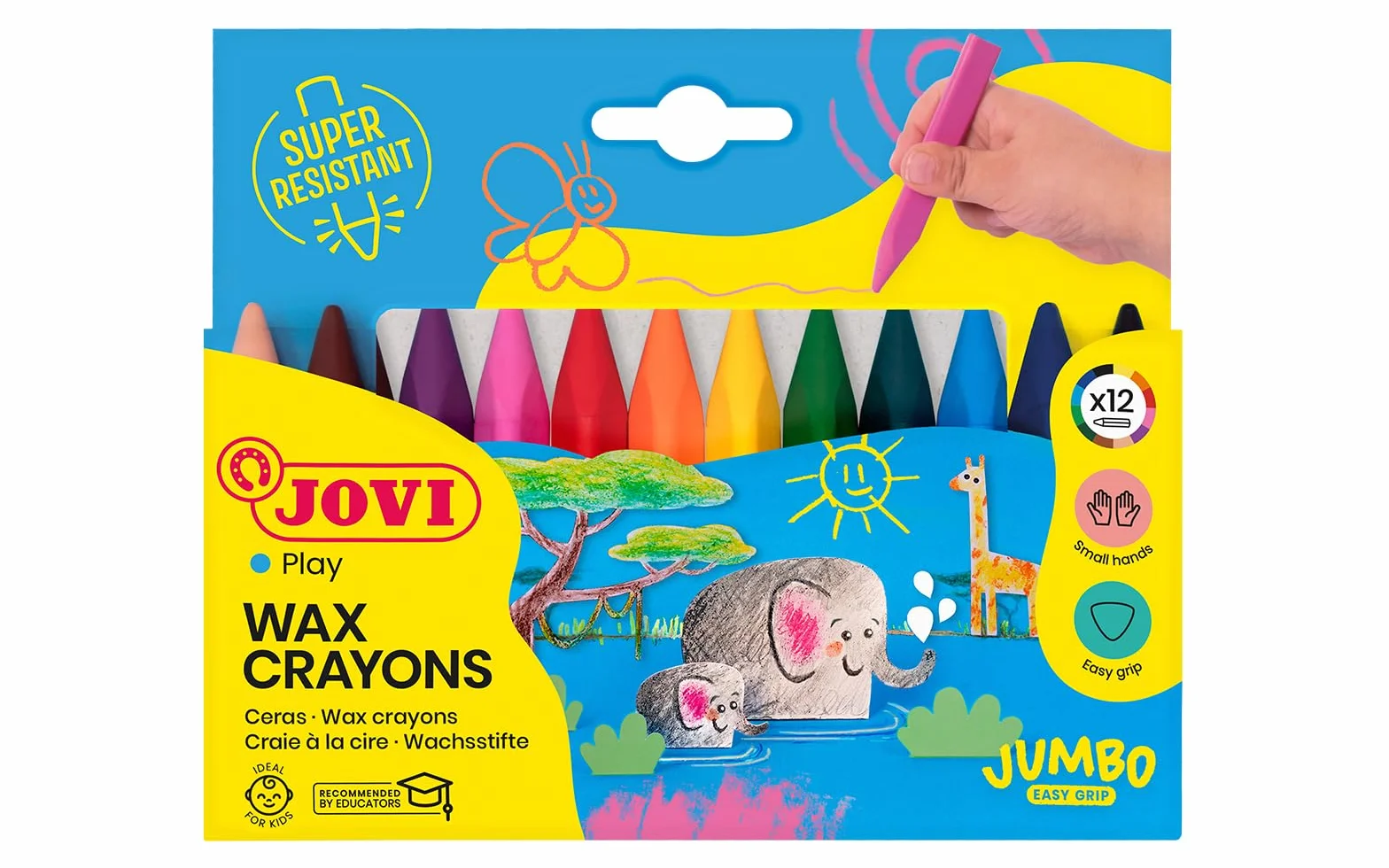 Jovi - Kredki Jumbo Easy Grip, Pudełko na 12 kredek trójkątnych, Różne kolory, Super odporne i wydajne, Bezglutenowe (973/12)