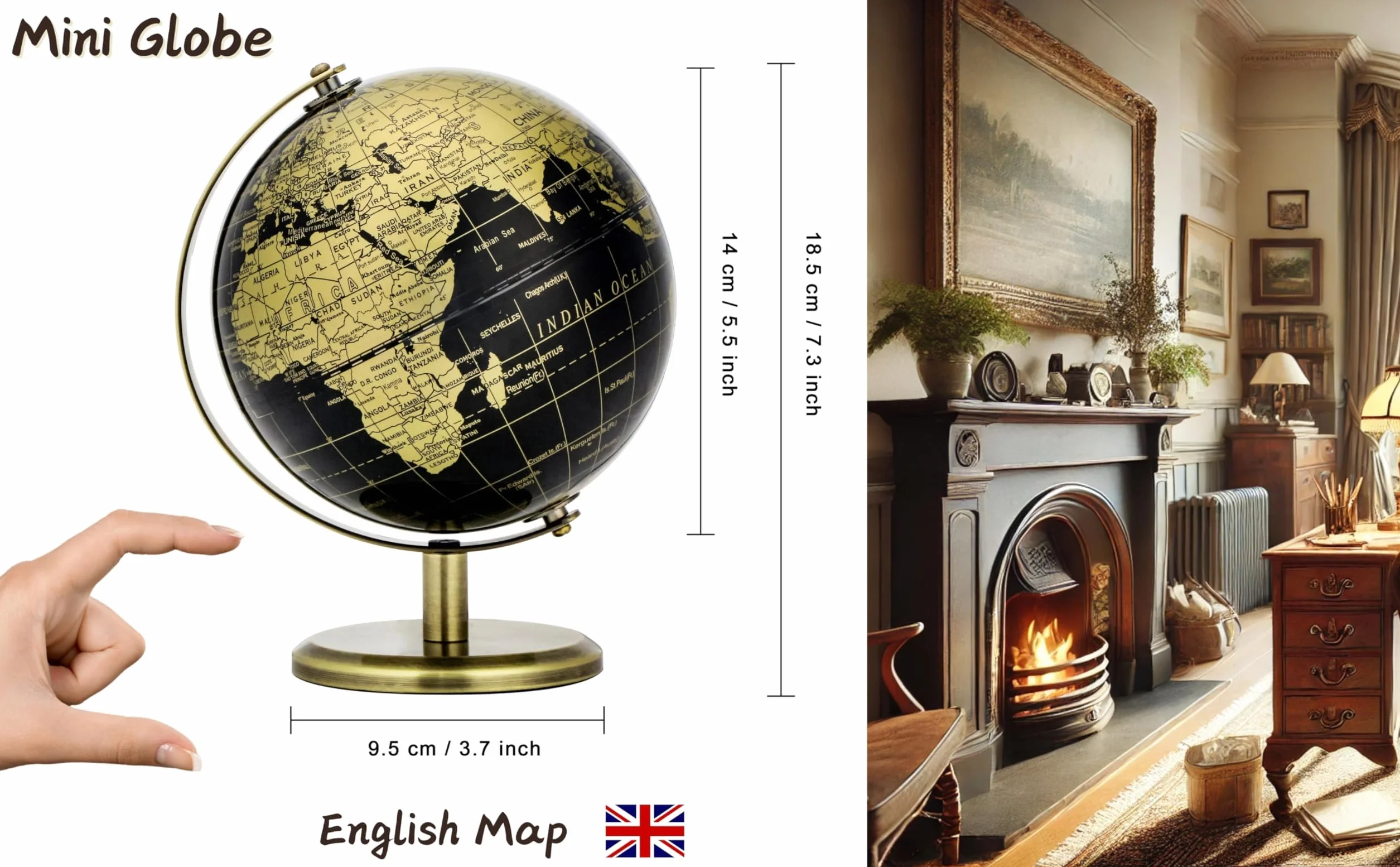 EXERZ 14cm Globus Czarny i Złoty, Mini qorld Globus Edukacyjny Geograficzny - Brązowy Łuk i Podstawa