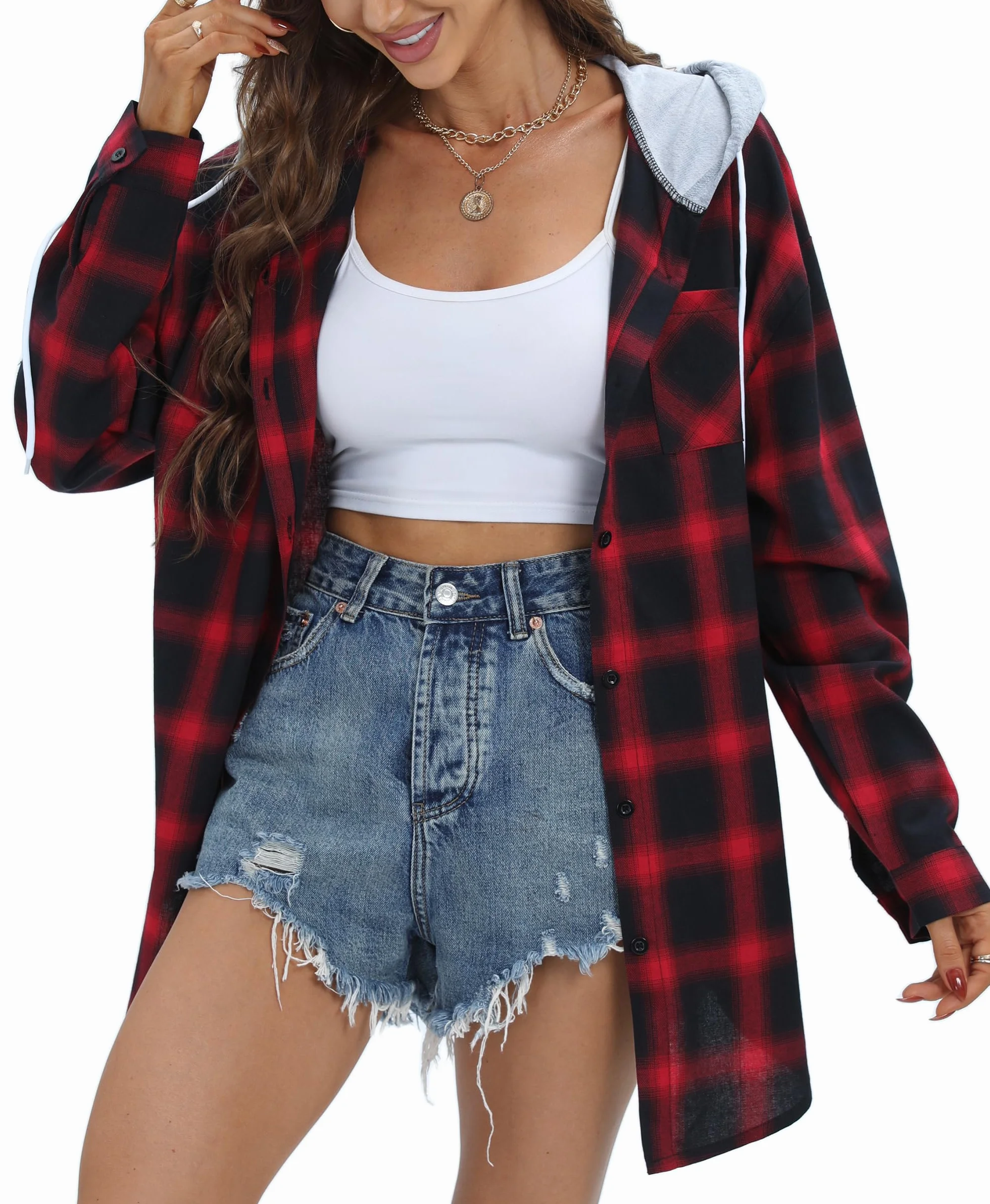 Jhsnjnr Damska koszula flanelowa oversize, zapinana na guziki, karo, dekolt w serek, modna bluzka z długim rękawem w kratkę