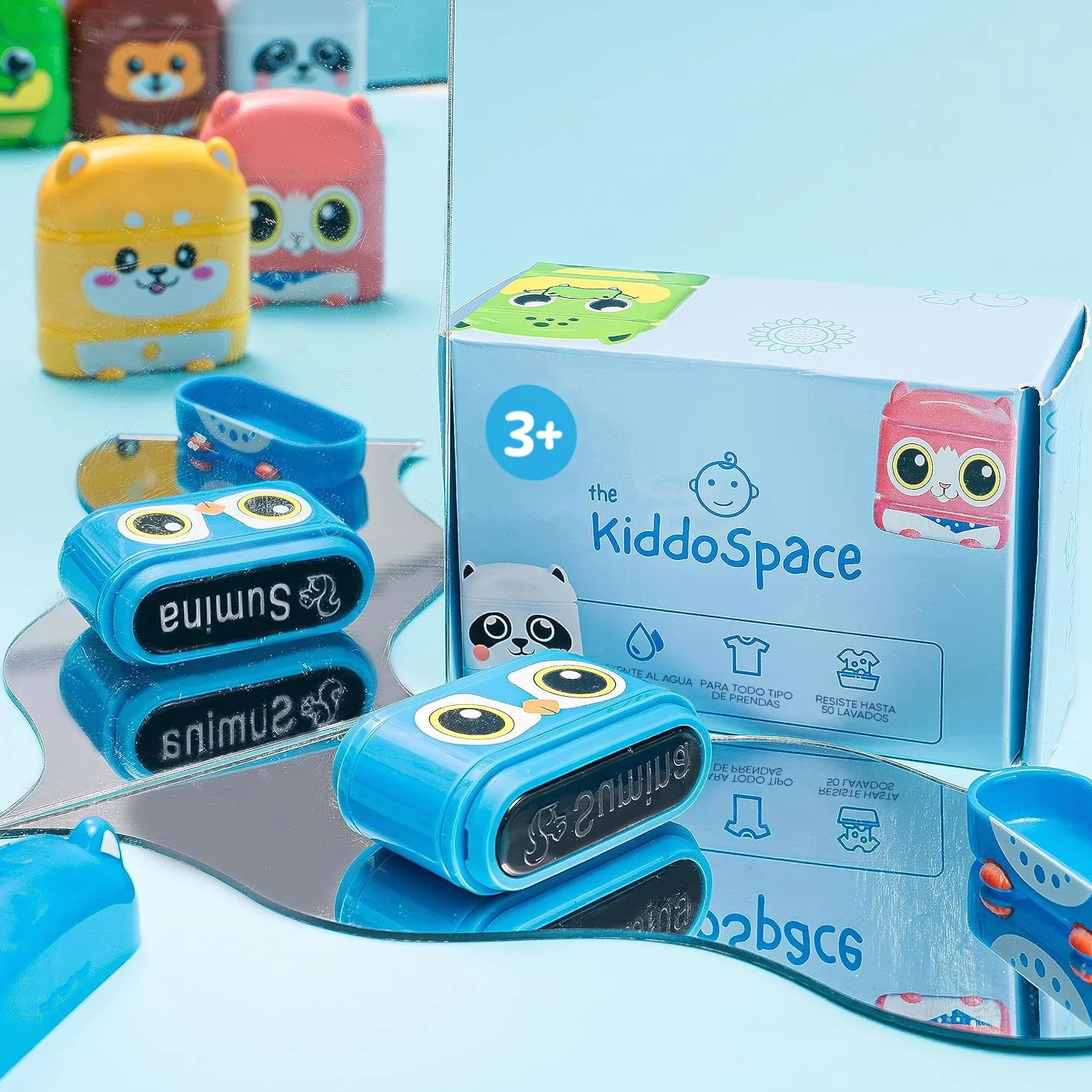KiddoSpace stemple z imieniem dla dzieci - Kiddostamp dwustronna spersonalizowana pieczęć z imieniem - spersonalizowane znaczki odzieżowe - wodoodporna pieczęć z imieniem (biały + czarny atrament)
