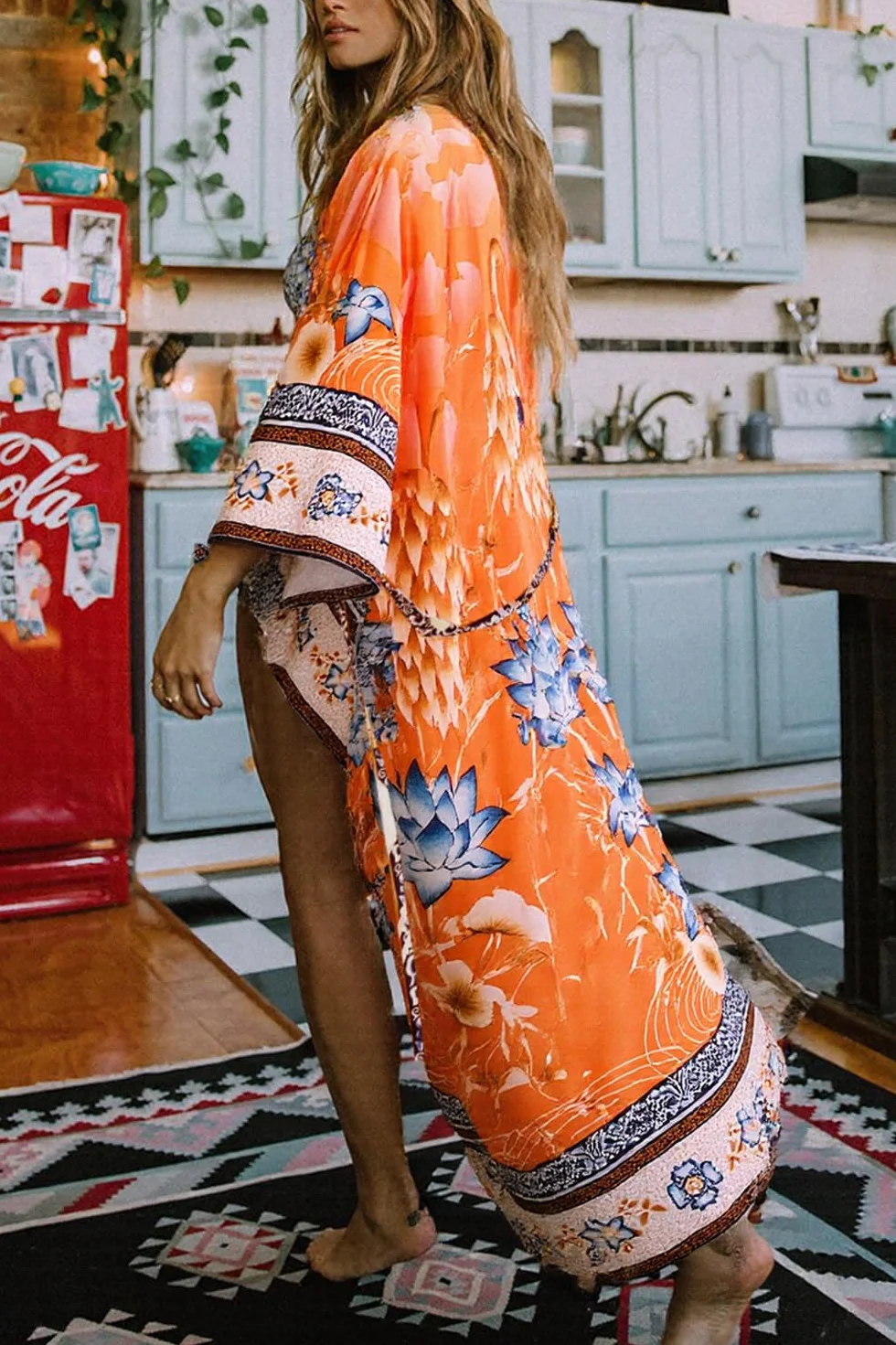 Damski bawełniany kardigan boho długie kimono plażowy strój kąpielowy okrycie sukienka plus size szlafrok