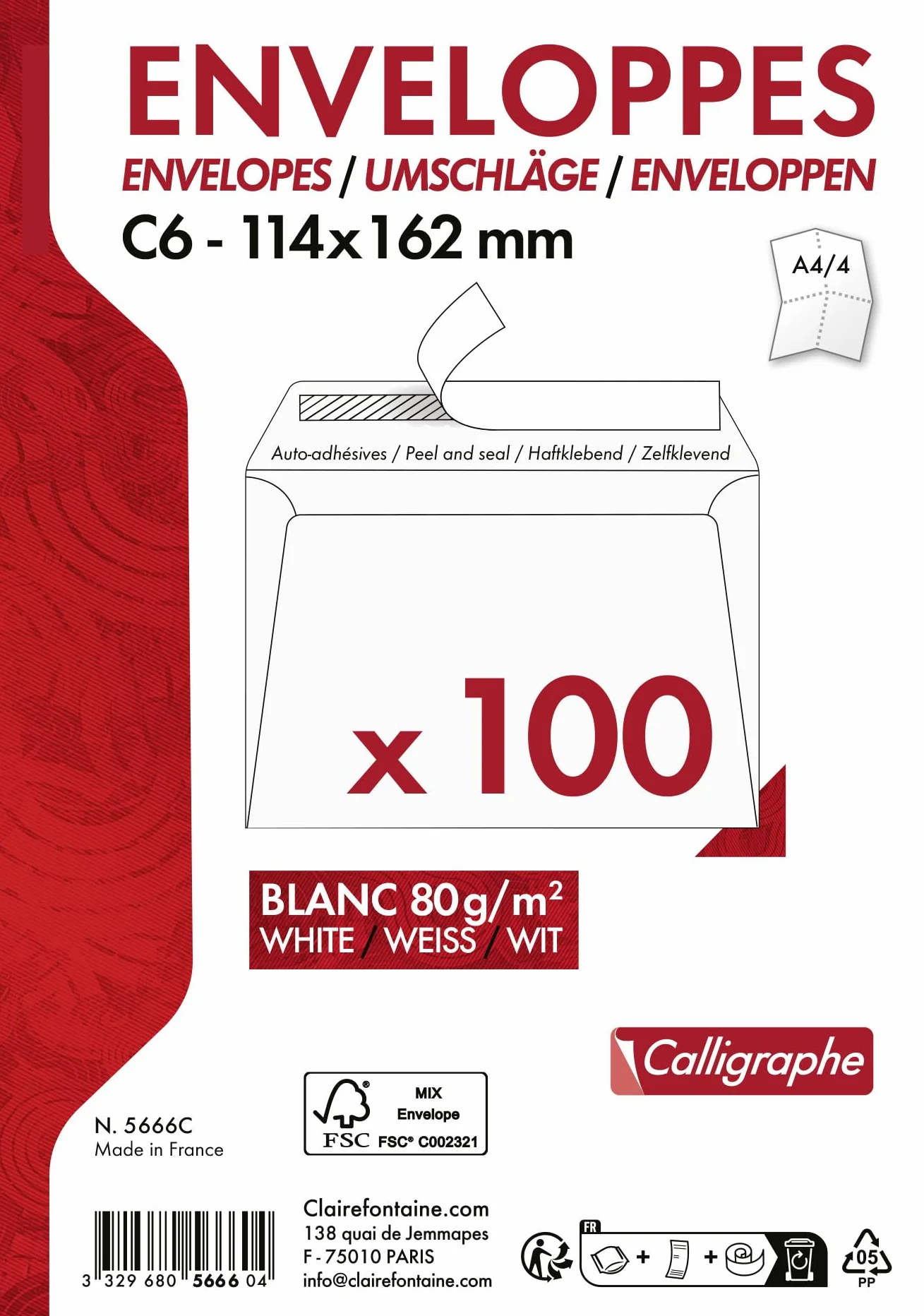 Calligraphe (seria korespondencyjna Clairefontaine) 5666C – Zestaw 100 białych kopert C6-114x162mm – Samoprzylepne – 80g/m²