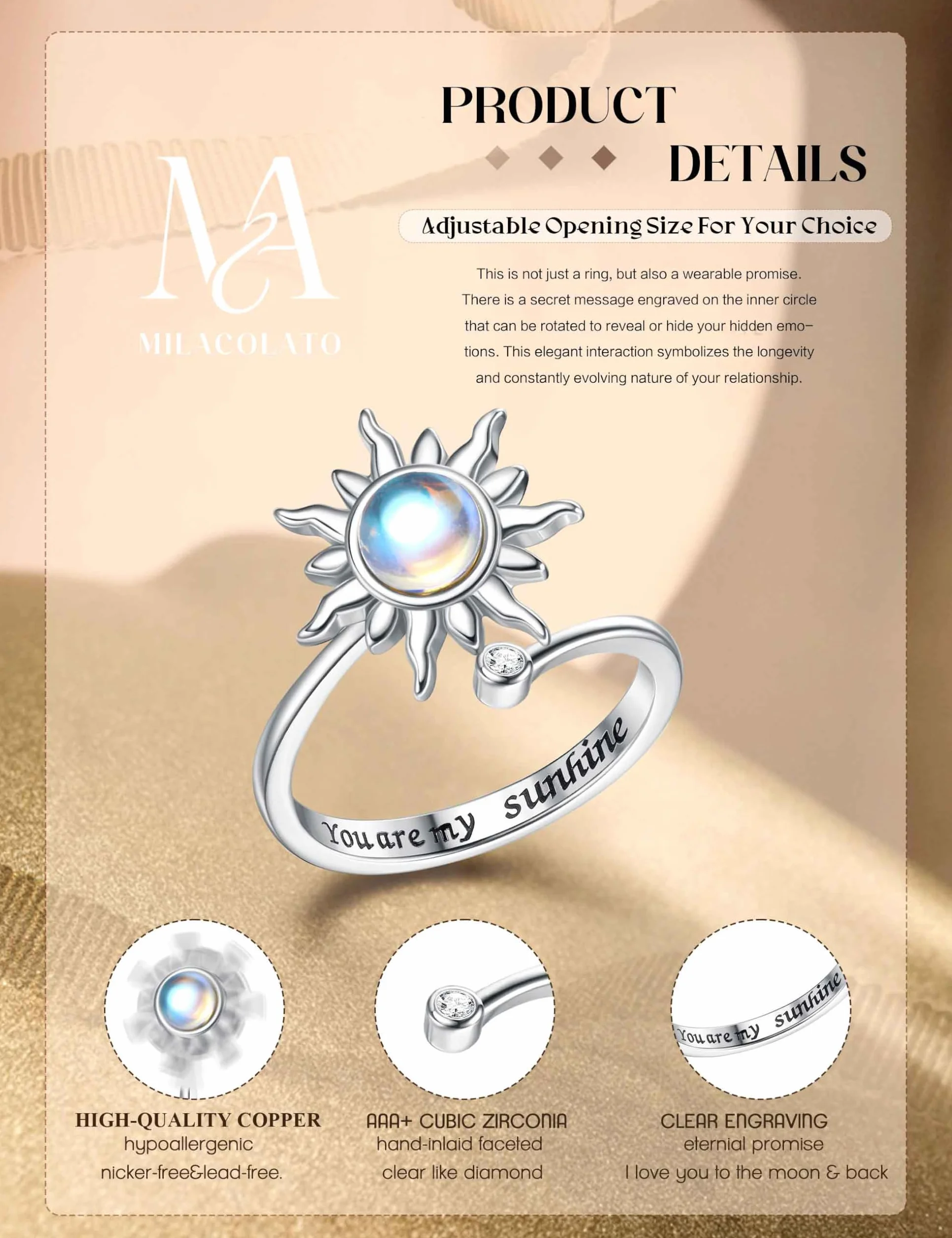 MILACOLATO Fidget pierścionek dla kobiet, dzieci, dziewcząt, pierścienie lękowe, otwarte, regulowane, srebrny, słonecznik, opal, kamień księżycowy, gwiazda, księżyc, śnieg, lotos, spinner, nastrojowe
