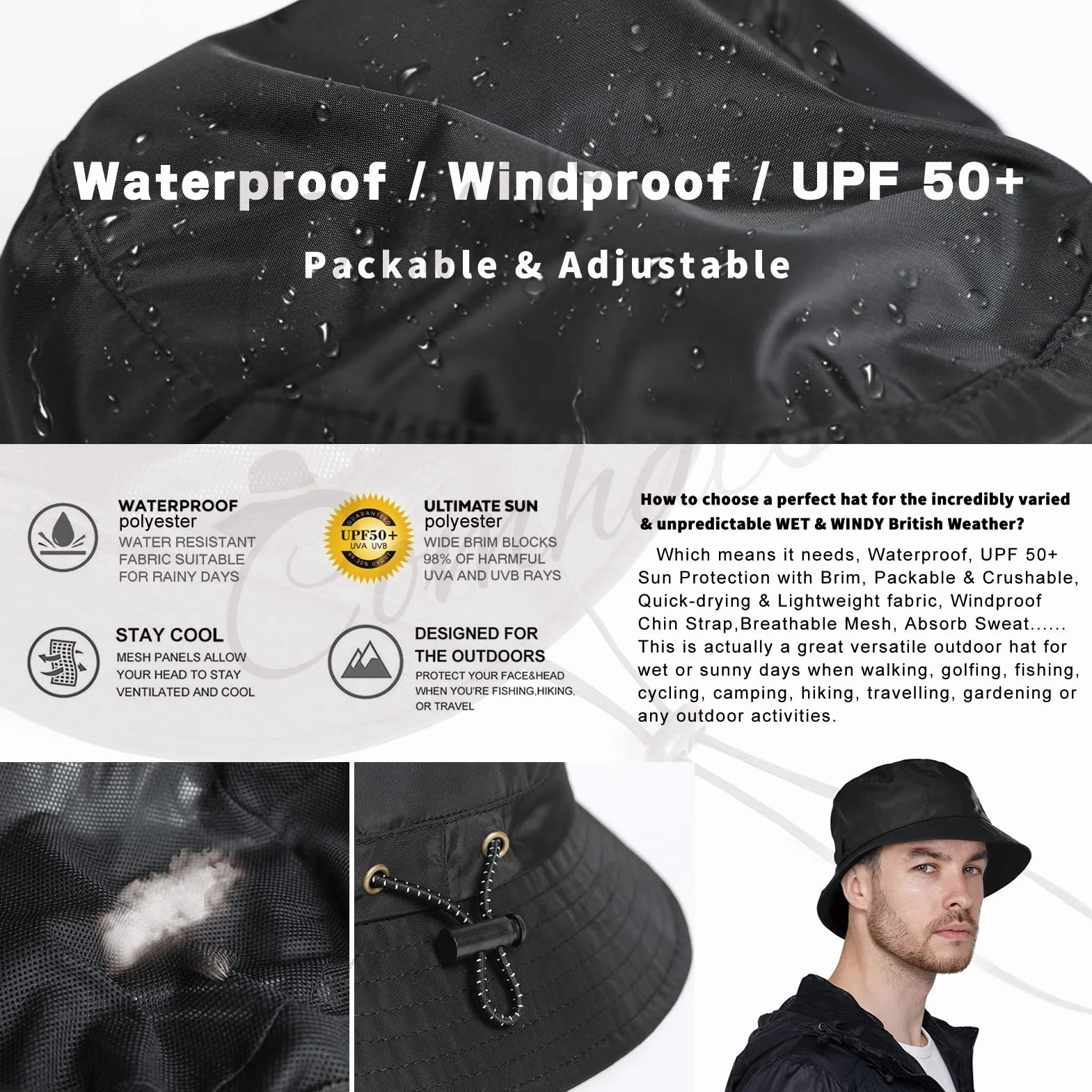 Comhats Wodoodporne kapelusze typu bucket dla kobiet czapka przeciwdeszczowa ochrona przed promieniowaniem UV kapelusz przeciwsłoneczny czapki outdoorowe