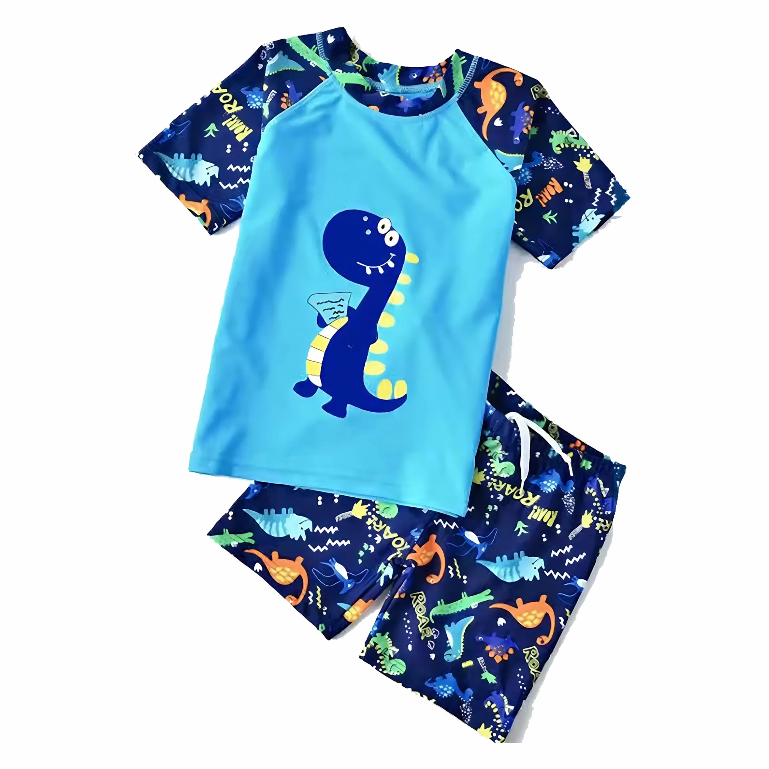 Chłopięcy kostium pływacki dla dzieci dwuczęściowy strój kąpielowy dziecięcy Rash Guard T-shirt szorty kąpielowe zestaw dinozaurów stroje kąpielowe