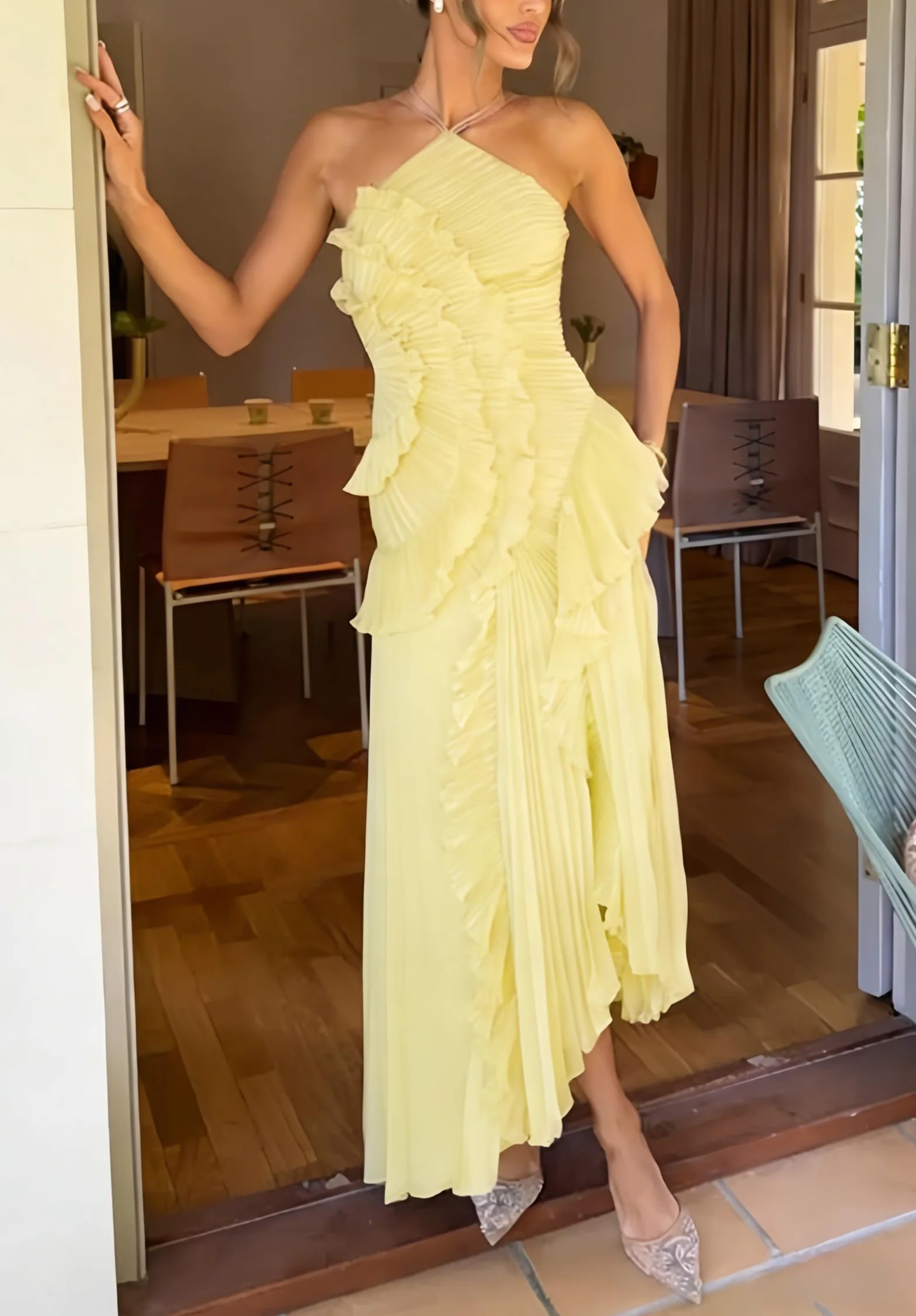 Plisowana sukienka maxi Lotus Edge dla kobiet, bez pleców, bez rękawów, asymetryczna, marszczona, wielowarstwowa, elegancka, formalna sukienka