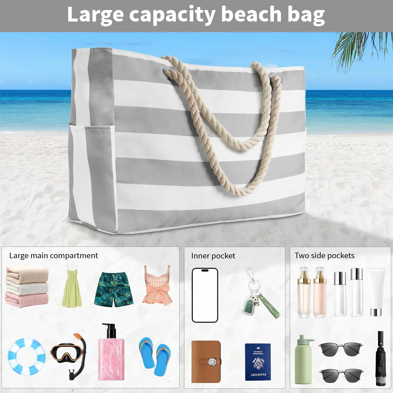 KUOGAS Torba plażowa XXL, wodoszczelna, duża torba pod prysznic, bardzo duża torba plażowa, XXL, torba plażowa z zamkiem błyskawicznym, szary, 50 cm x 35 cm x 15 cm