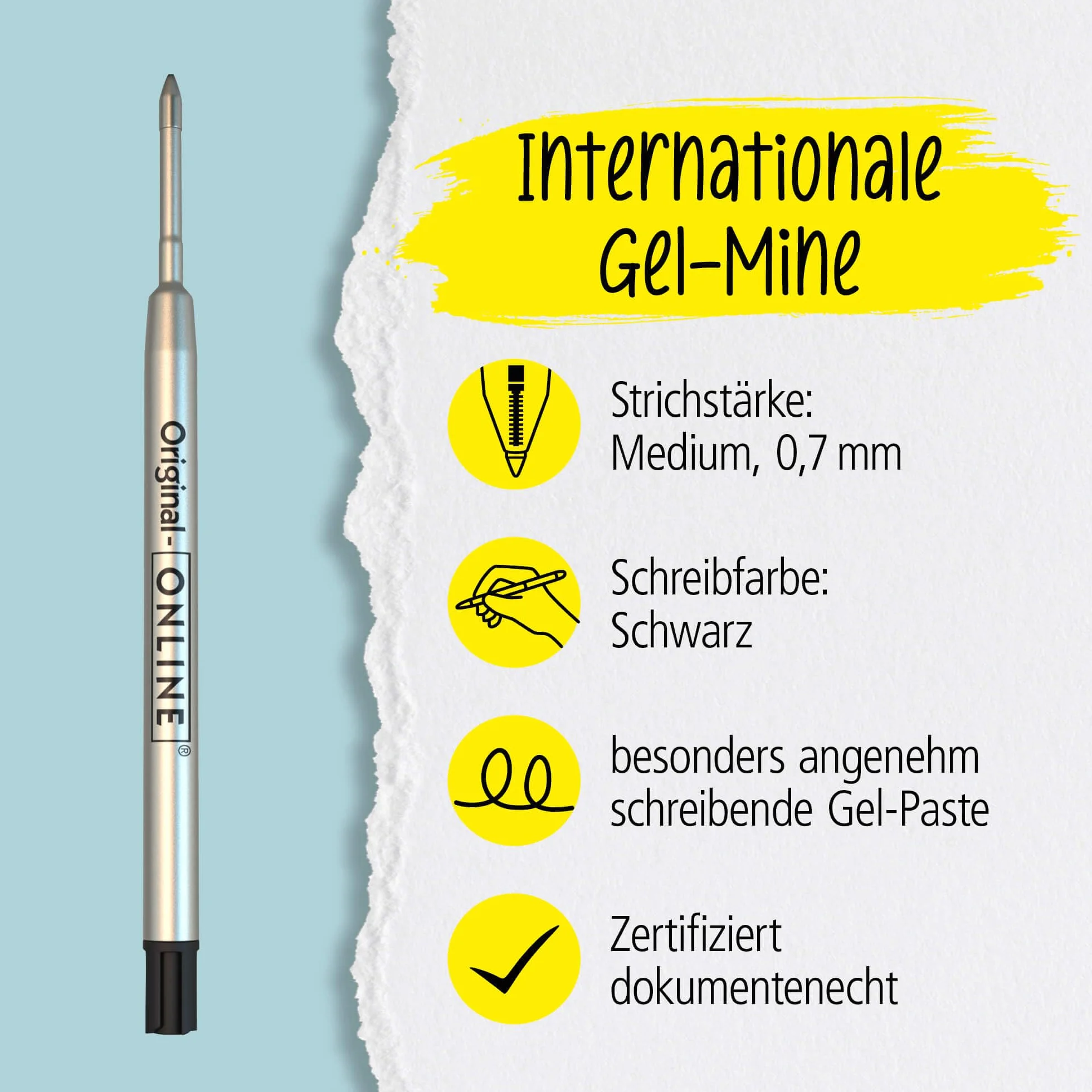 Wkład wymienny do długopisu Online, również do Parker, Pelikan, Faber-Castell, międzynarodowy standardowy wkład żelowy, pasta żelowa, grubość kreski 0,7 mm, nieścieralny do dokumentów, 1 sztuka, kolor