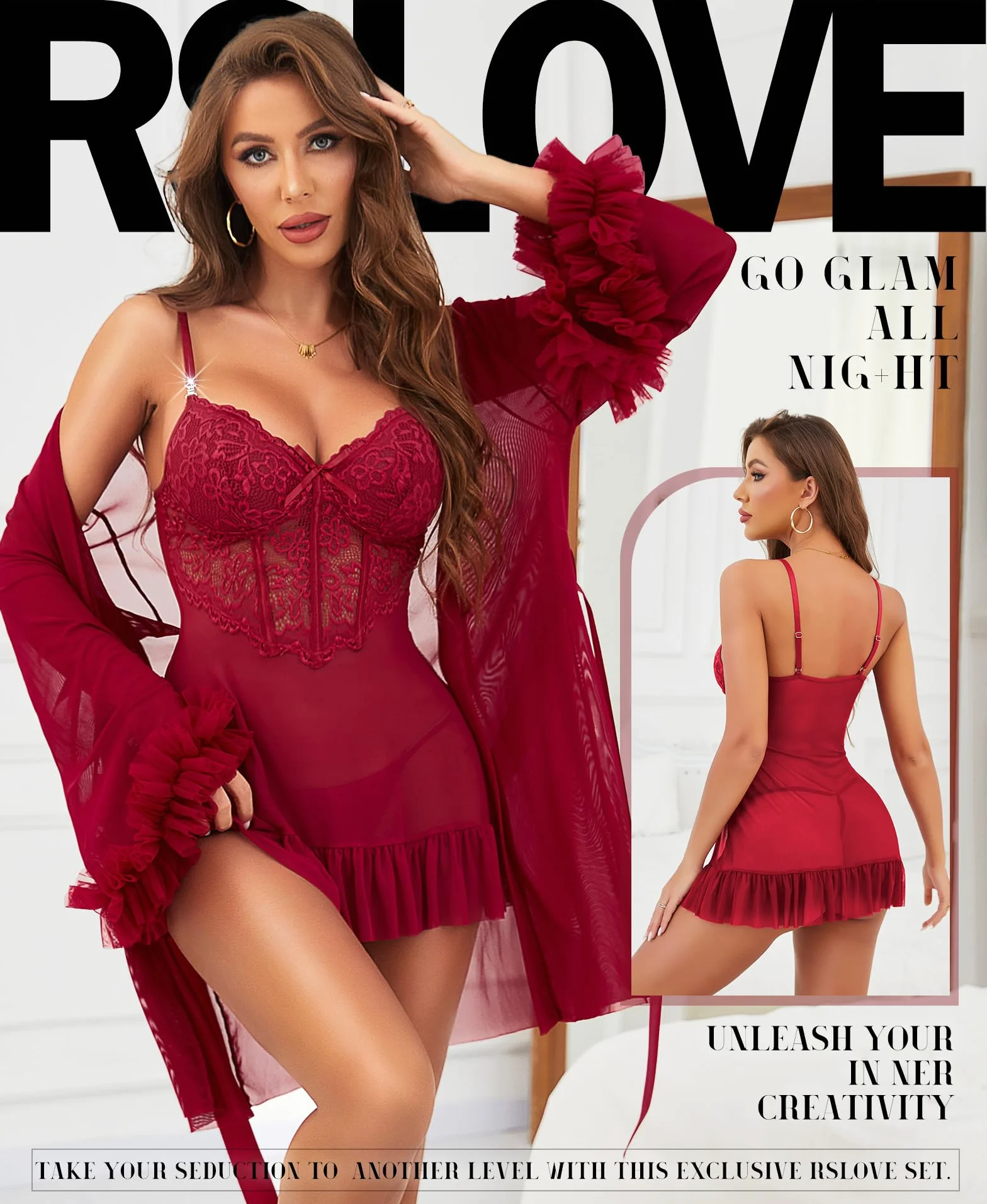 RSLOVE Damskie seksowne zestawy bielizny - koronkowa bielizna nocna babydoll z siateczkowym szlafrokiem 2-częściowy zestaw bez stringów