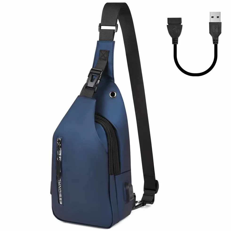 Aucuu Torba na klatkę piersiową, biznesowa torba na ramię, wodoodporna torba na ramię z portem ładowania USB, torba crossbody dla mężczyzn, na podróż, wędrówki, sport, jazdę na rowerze, NIEBIESKI