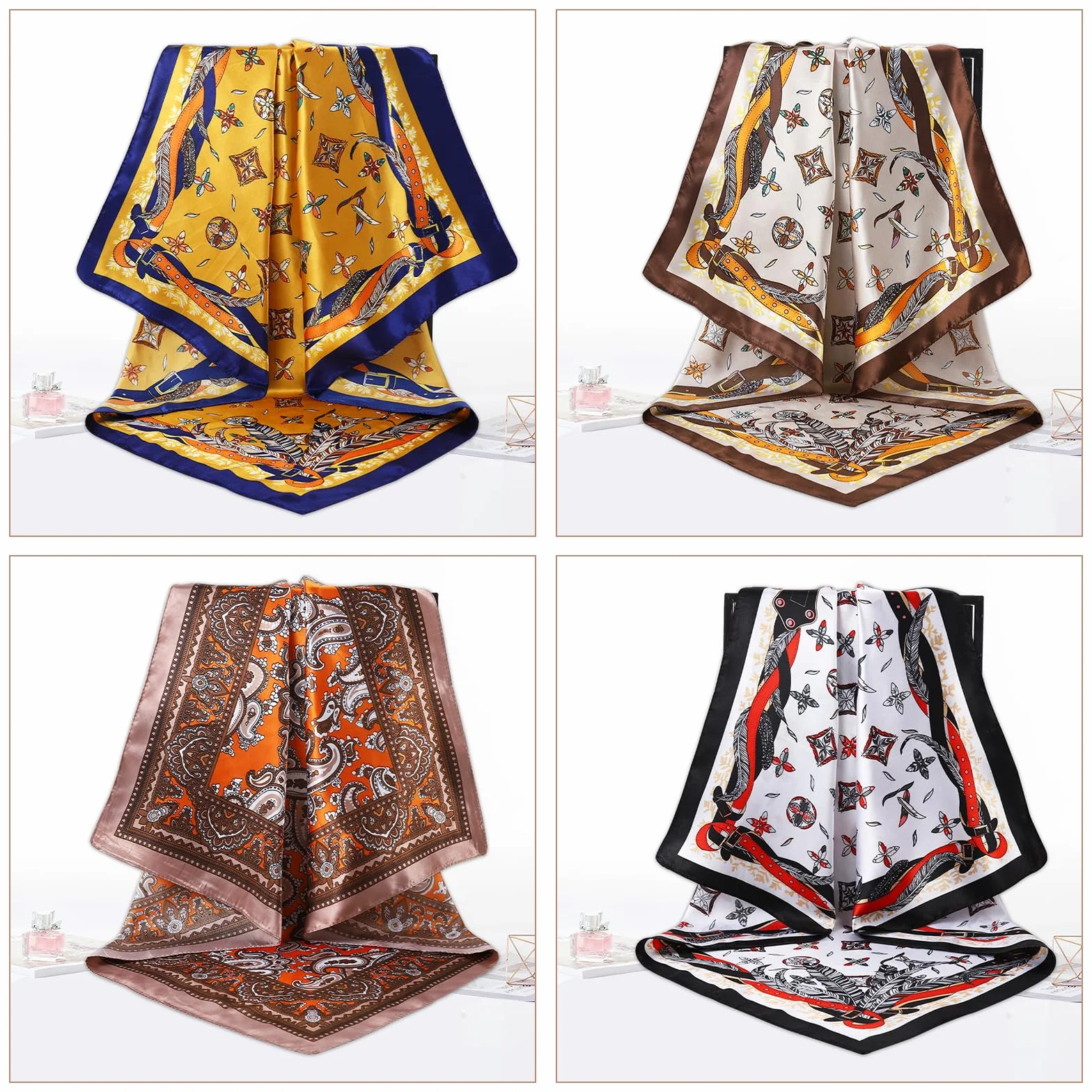 4 sztuki jedwabnych chustek na głowę dla kobiet, 90 x 90 cm Duże Kwadratowe Satynowe chusta na głowę dla kobiet, na lato, satynowa bandana dla dziewcząt, ozdoba do włosów