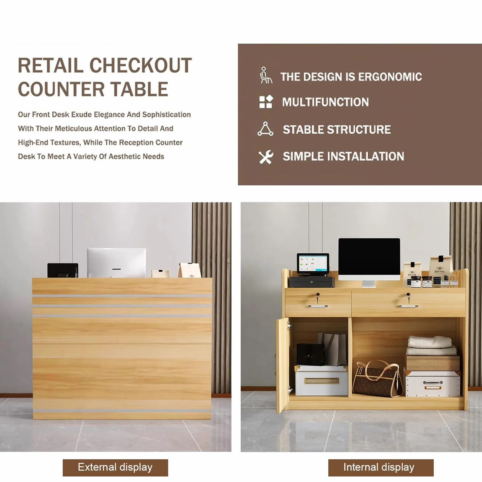 Front reception desk counter desk,Reception Desk with Lockable Drawers,Retail Counter with Cable Management Holes, Front Desk for Salon office(B3,L120cm/47.2in)
