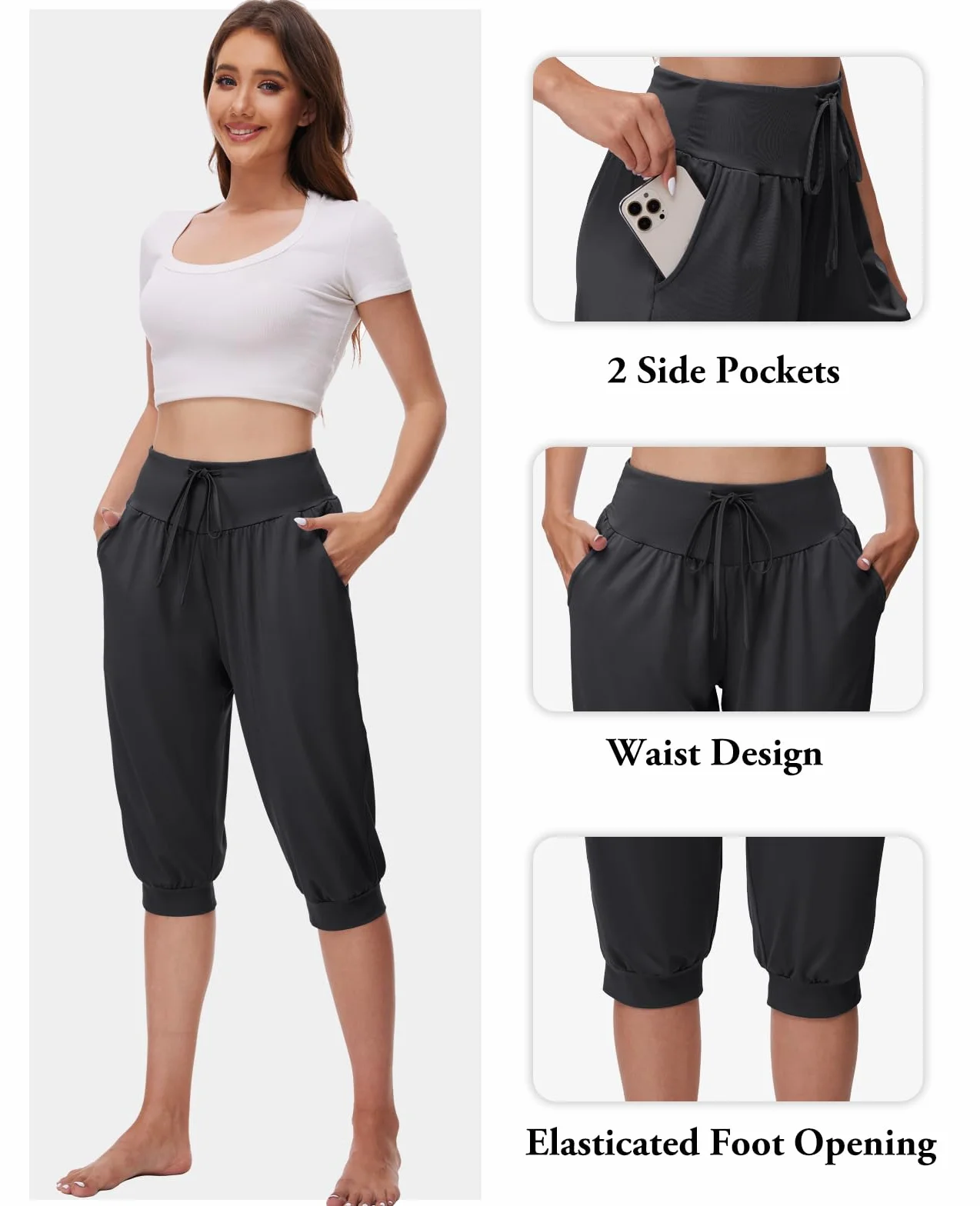 BATHRINS Damskie spodnie haremki 3/4 do jogi, spodnie do joggingu, spodnie capri, letnie spodnie do pilatesu, lekkie spodnie sportowe z kieszeniami, sznurek
