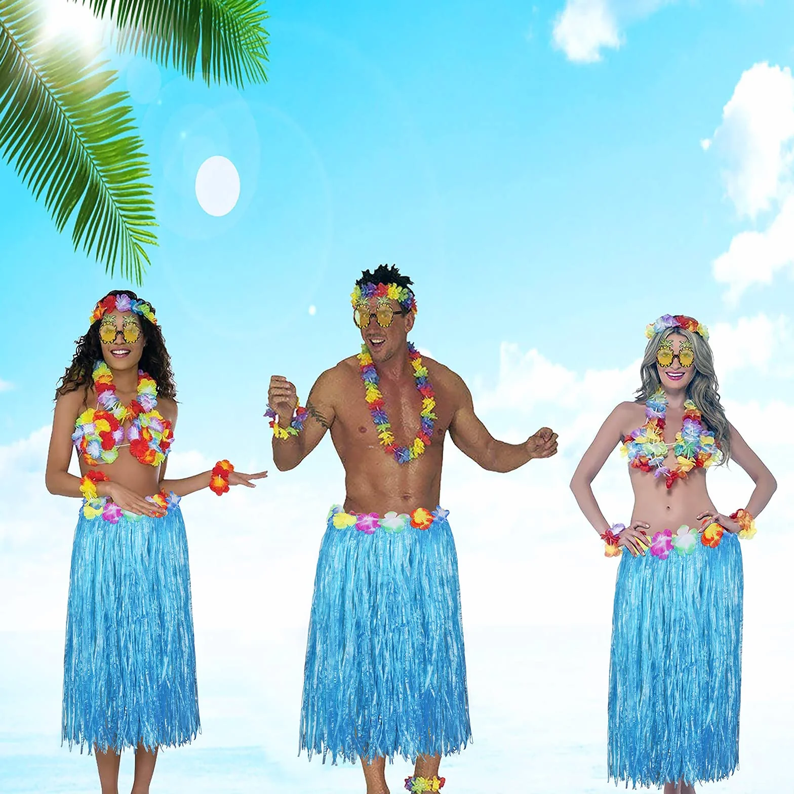PHOGARY 8-pak spódnica hula, zestaw kostiumowy na imprezę hawajską Luau – tańcząca hula z kwiatowym topem bikini, hawajska lei