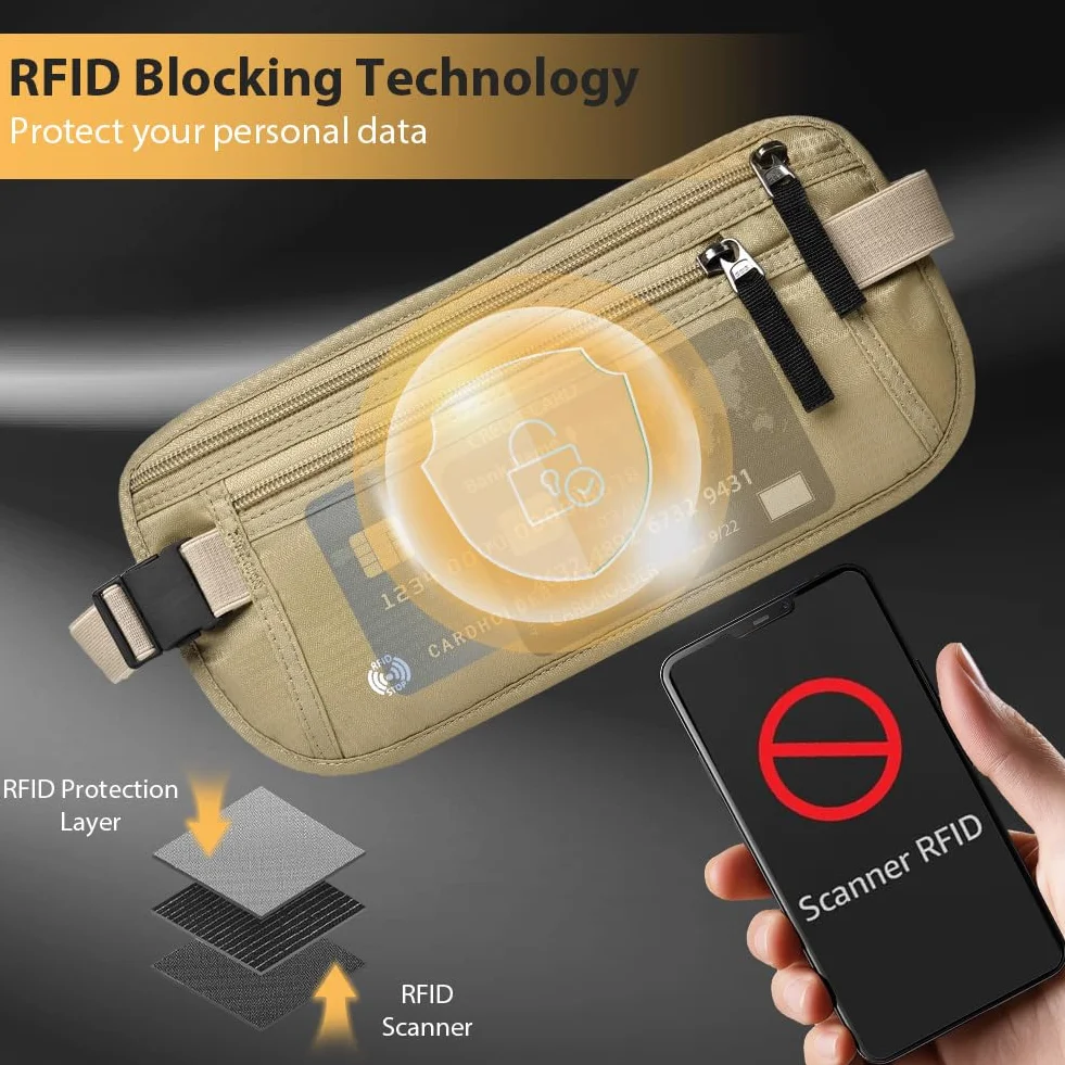 DiULi Pasek na pieniądze z blokowaniem RFID do podróży, ukryta torebka biodrowa z regulowanym elastycznym paskiem na talię, bezpieczne etui na paszport z 5 DARMOWYMI wnękami na karty, Khaki, Normale