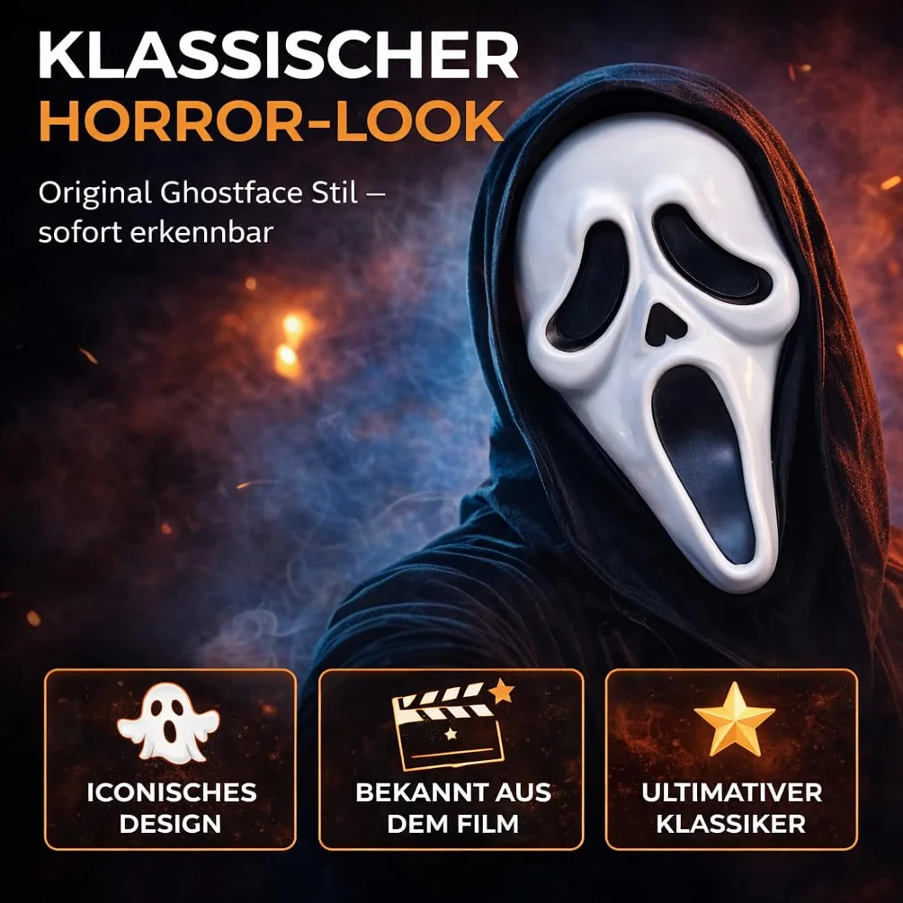 FASCHINFEVER Maska Ghost - maska na krzyk - Ghostface horror przebranie na Halloween i karnawał, dla mężczyzn i kobiet
