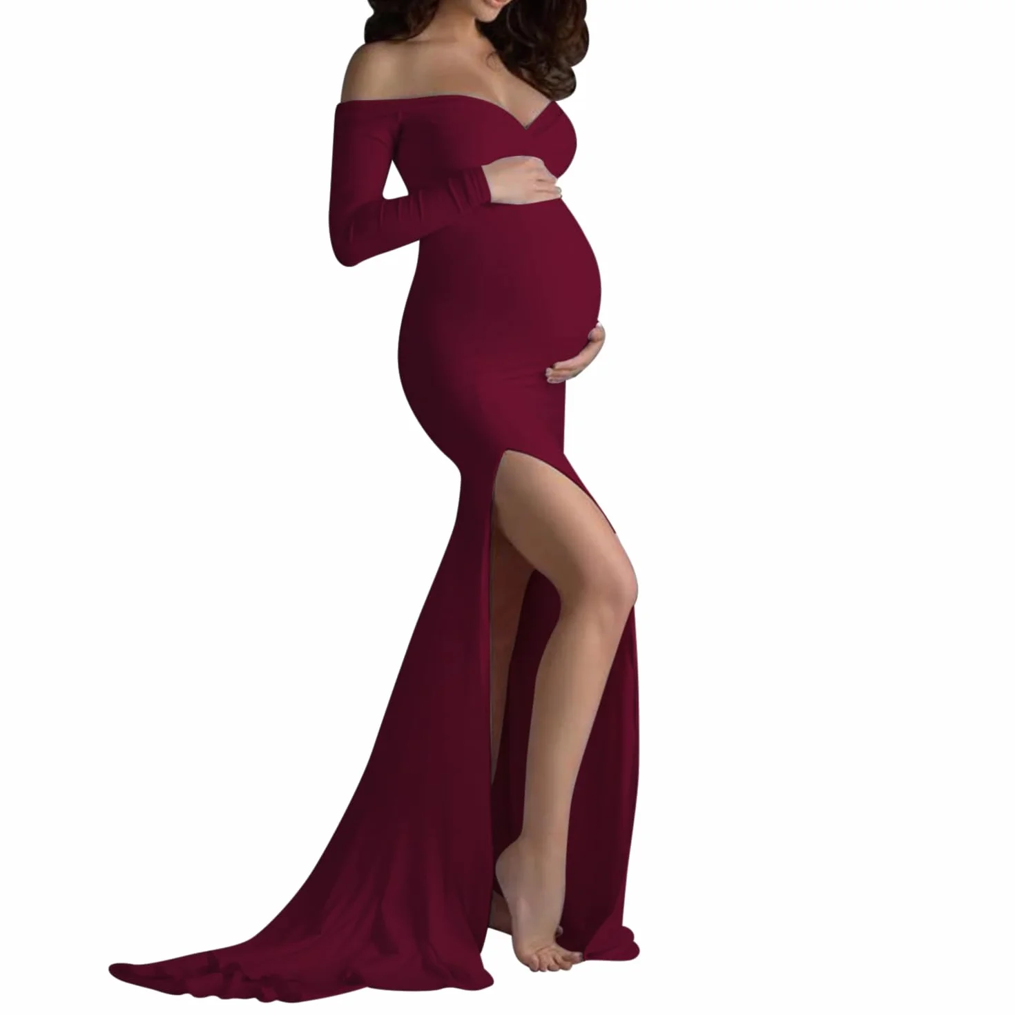 Sukienka ciążowa na sesję zdjęciową na całą długość, odkryte ramiona, rozcięcie z boku, syrenka, elegancka, dopasowana, bodycon, sukienka maxi, baby shower