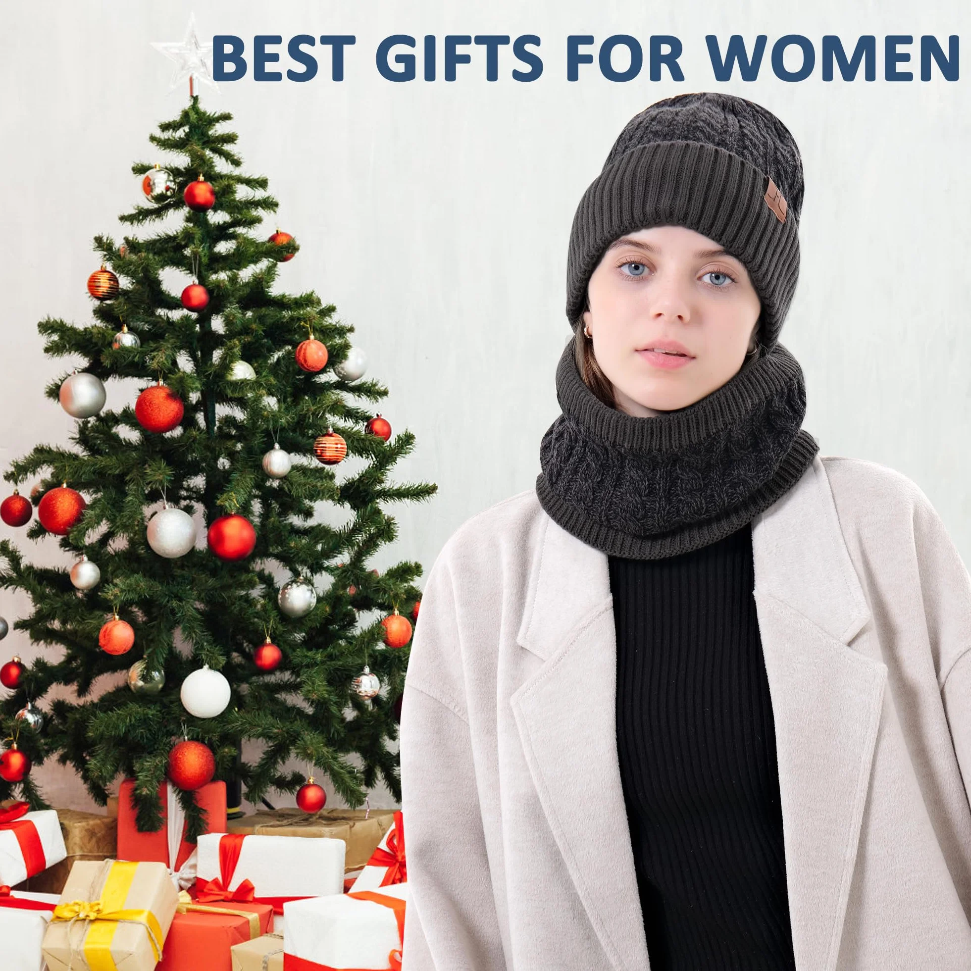 Bequemer Laden Męskie damskie zimowe czapki typu beanie rękawiczki do ekranu dotykowego szalik na szyję zestaw ocieplacz dzianinowa czapka z czaszką z podszewką polarową prezenty dla mężczyzn kobiet,