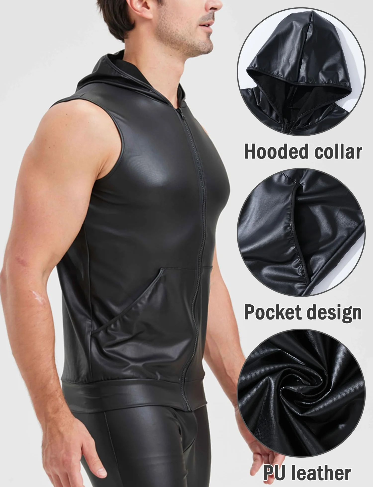 FEOYA Lateksowe koszule męskie, bez rękawów, podkoszulek seksowny wetlook, t-shirt, podobny do lateksu, czarny, skóra PU, bez rękawów, erotyczny top męski
