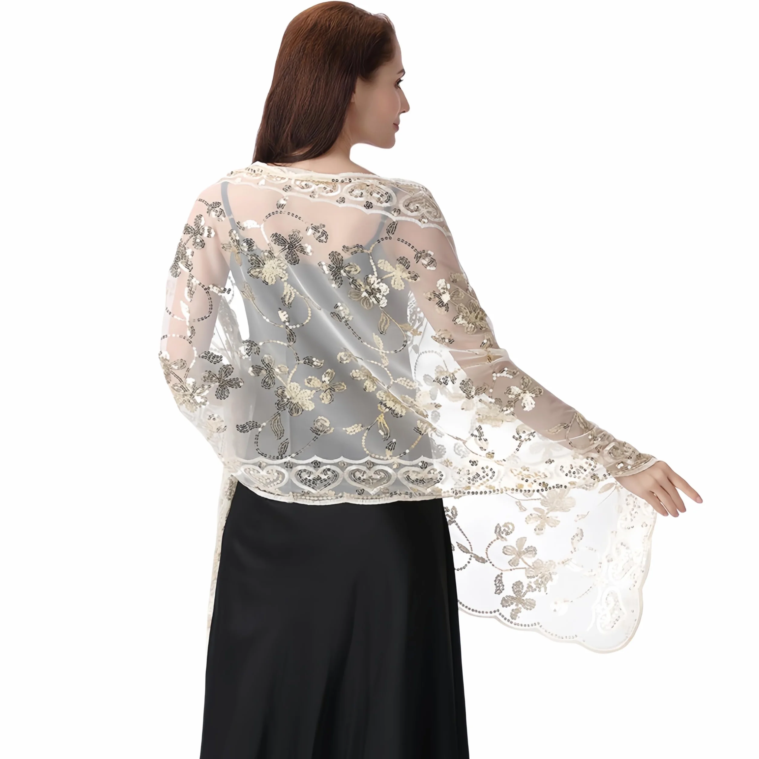 Proumhang Cekinowy szal i narzutki na suknie wieczorowe,Kobiety lśniący przezroczysty szal z siateczki Pashmina na ślubny cheongsam Panna młoda druhna 190x60cm