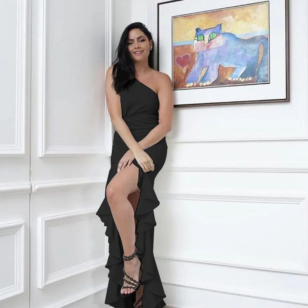 Elegancka sukienka damska, długa sukienka wieczorowa, jedno ramię, jednolity kolor, wysoka sukienka z rozcięciem, sukienka bez rękawów, seksowna sukienka bodycon, suknie koktajlowe, wesele,