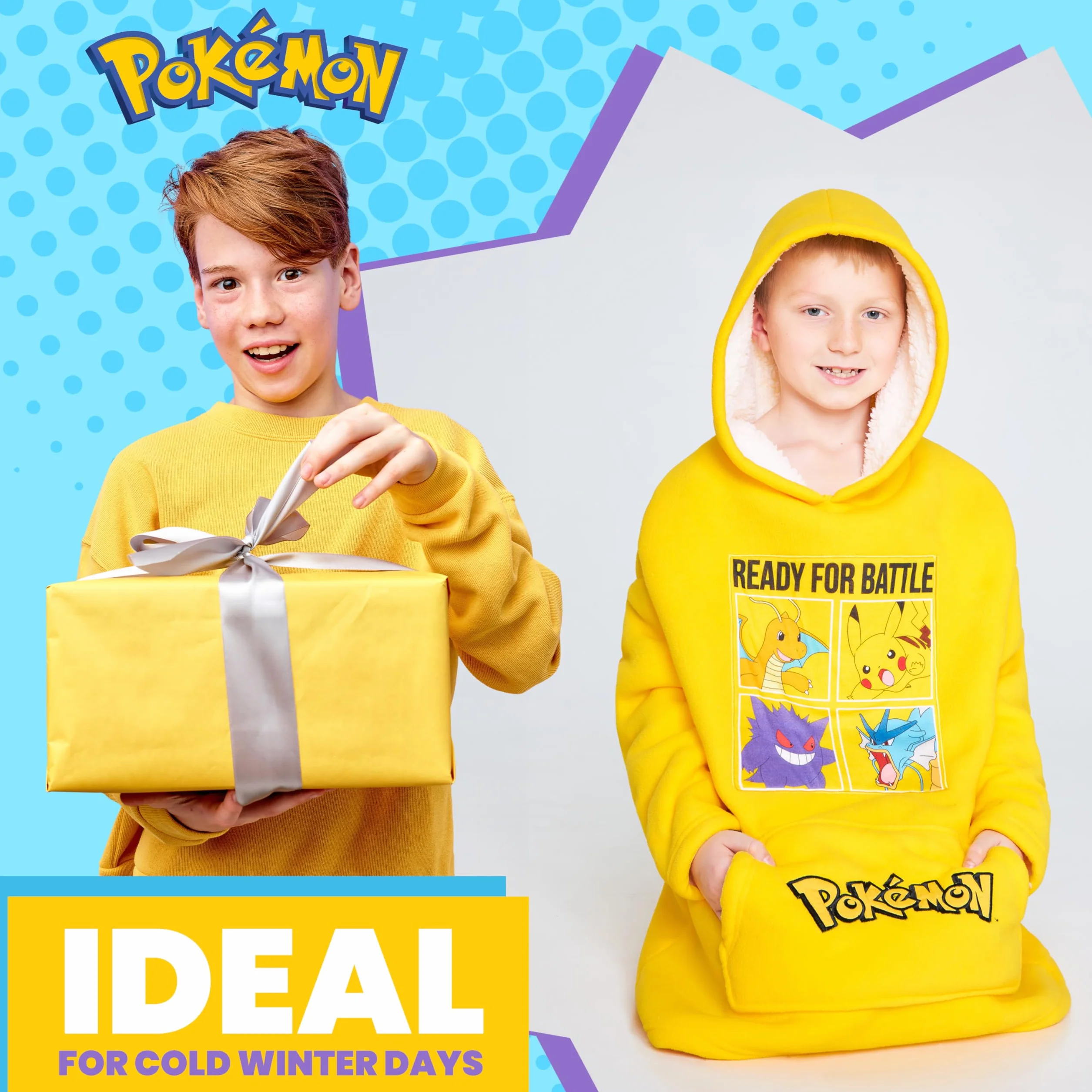 Pokemon Koc z polaru z kapturem dla dzieci i młodzieży - Dziecięca bluza oversize w jednym rozmiarze z podszewką Sherpa Prezenty dla dzieci (żółty)