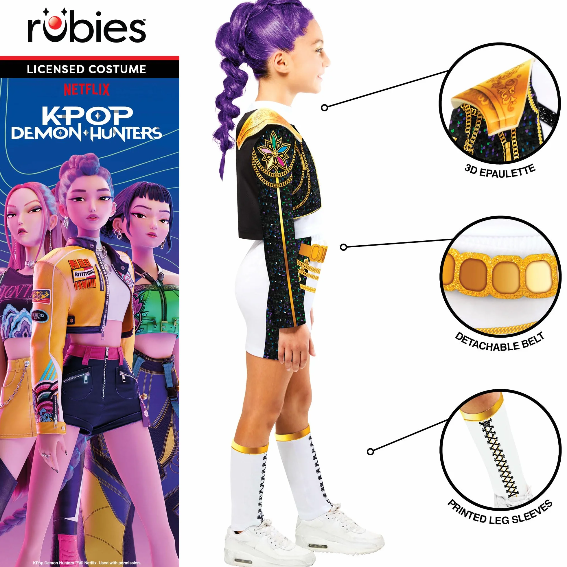 Rubies Kostium KPOP Rumi Złoty HYBRID dla dziewcząt, dziewcząt, k-popu, Rumi Netflix, topy, kurtka i szorty, skarpetki, oficjalnie licencjonowany Netflix, huntrix, karnawał, imprezy i cosplay
