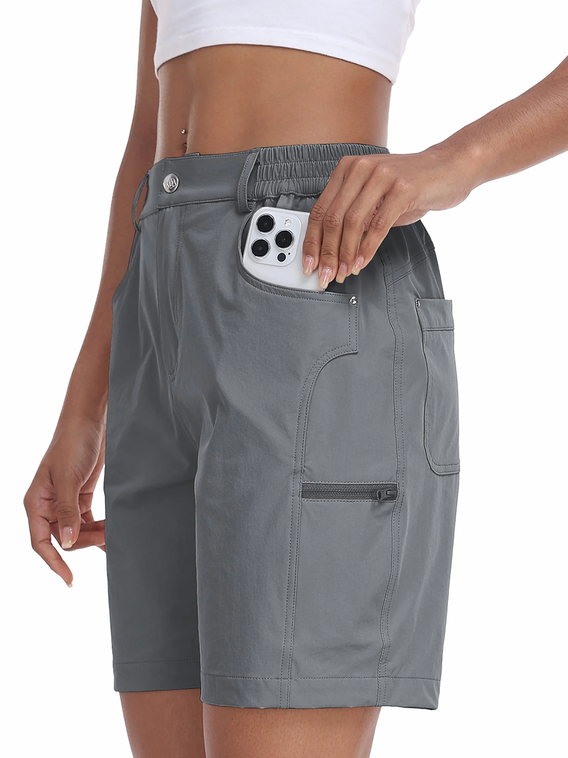 MoFiz Spodenki Cargo Damskie Hiking Shorts Lekkie Elastic Trekking Spodnie robocze Wodoodporny z kieszeniami, Szary, L