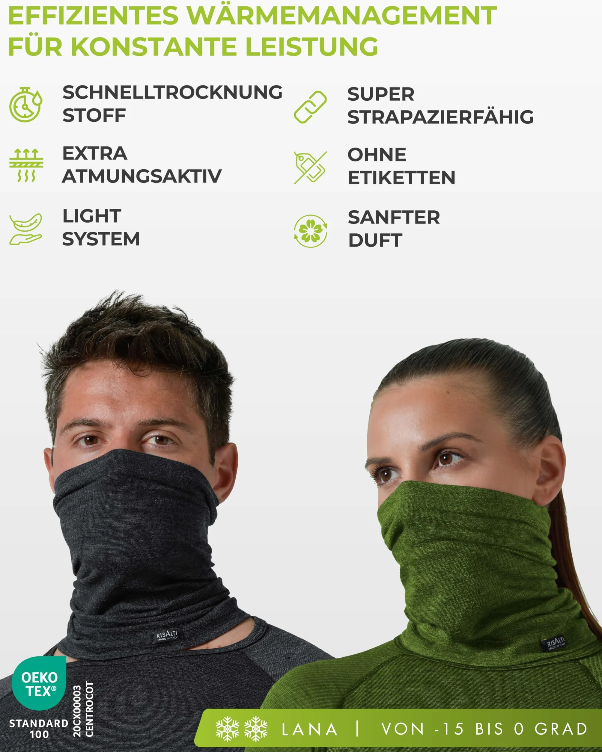 Risalti Komin Unisex z Wełny Merino Bipack – Komin Termiczny Bezszwowy Oddychający Elastyczny Dodatek Zimowy, Kominiarka Outdoor na Narty Snowboard Bieganie Rower – Made in Italy