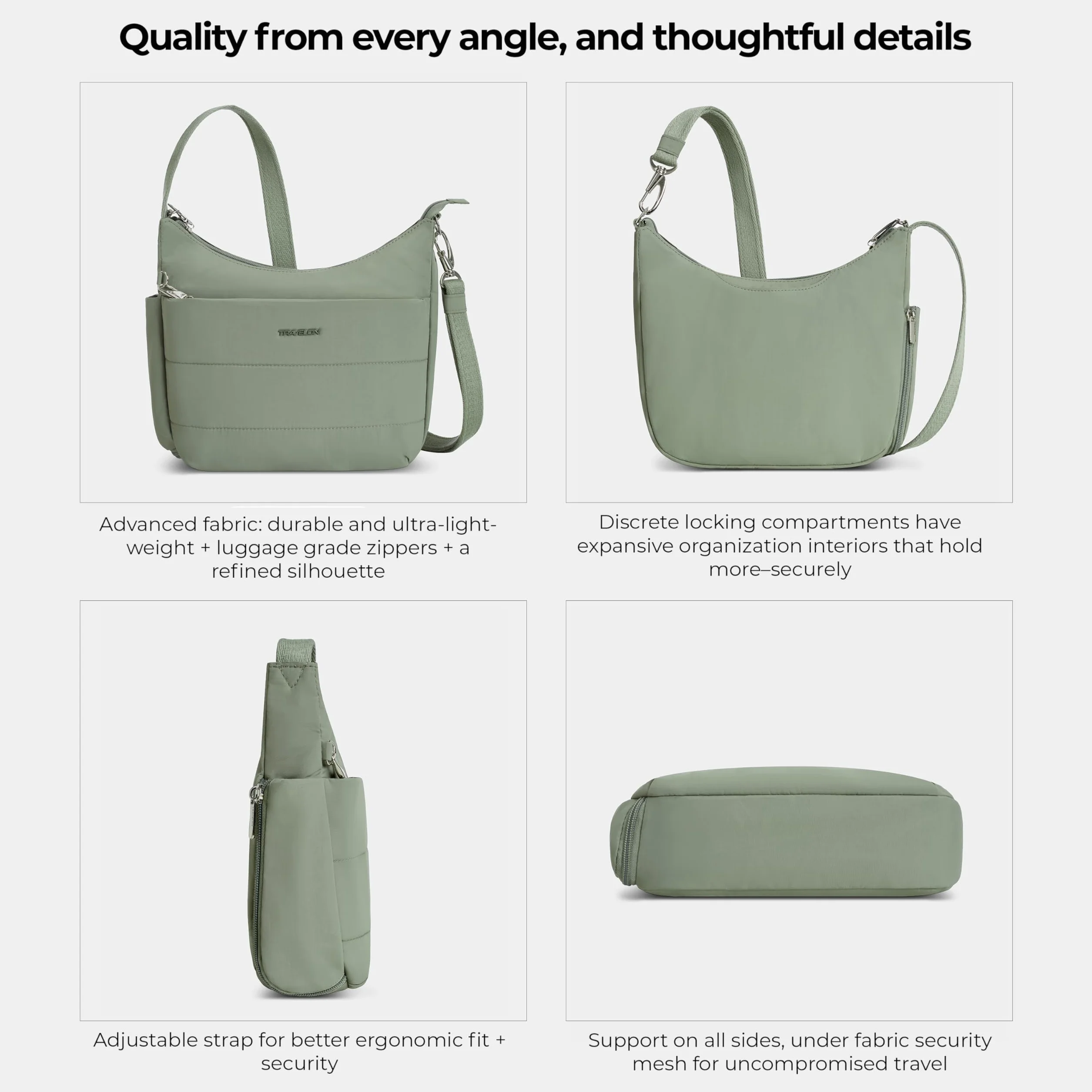 Travelon Unisex Anti-Theft Roam Medium Crossbody, Mech, 8"H(center) x 9.75"H(wing) x 11W x 3"D