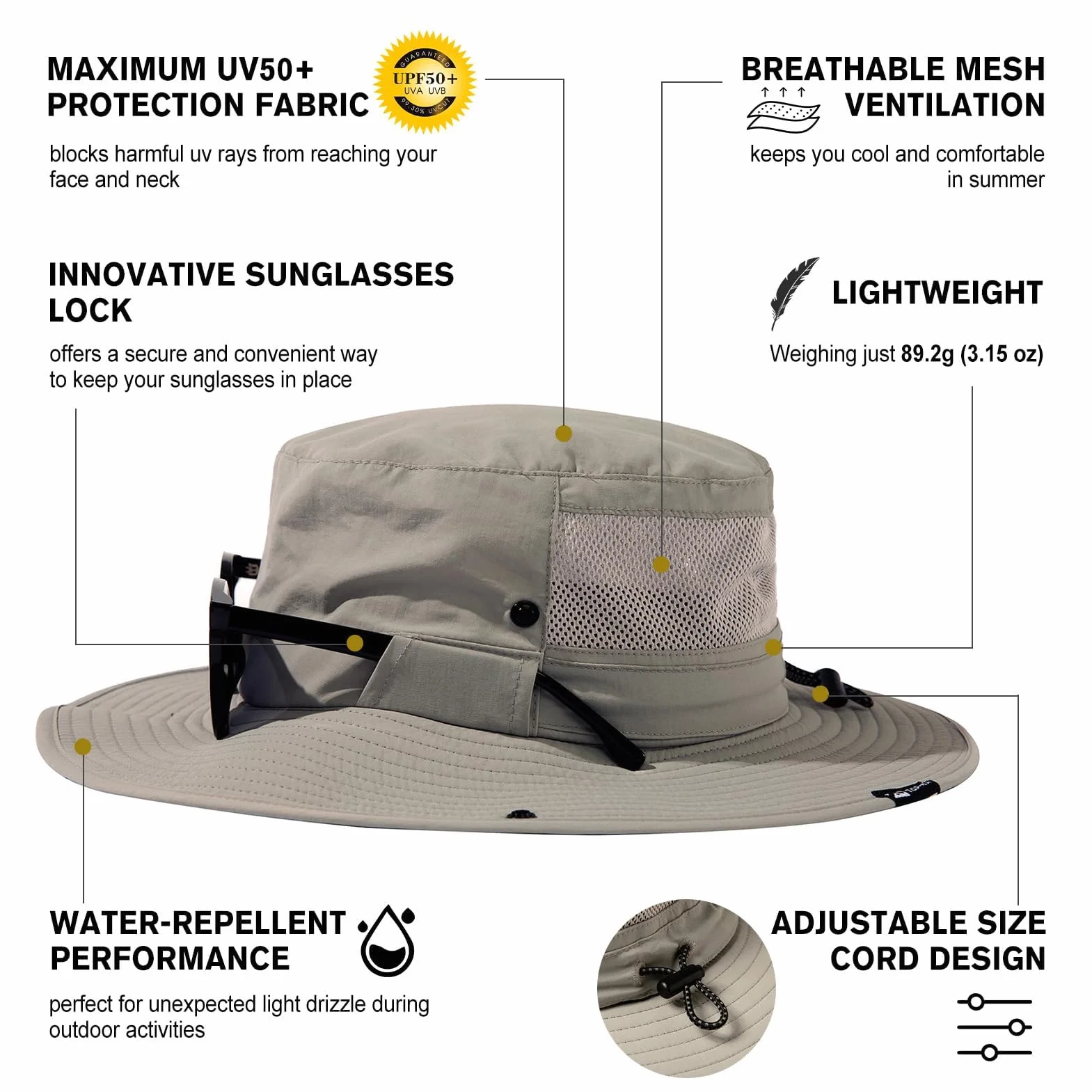 TOP-EX L/XL/XXL UV50+ wodoodporny kapelusz przeciwsłoneczny z szerokim rondem na letnie wędkowanie wędrówki z odpinanym paskiem i wentylowaną siatką