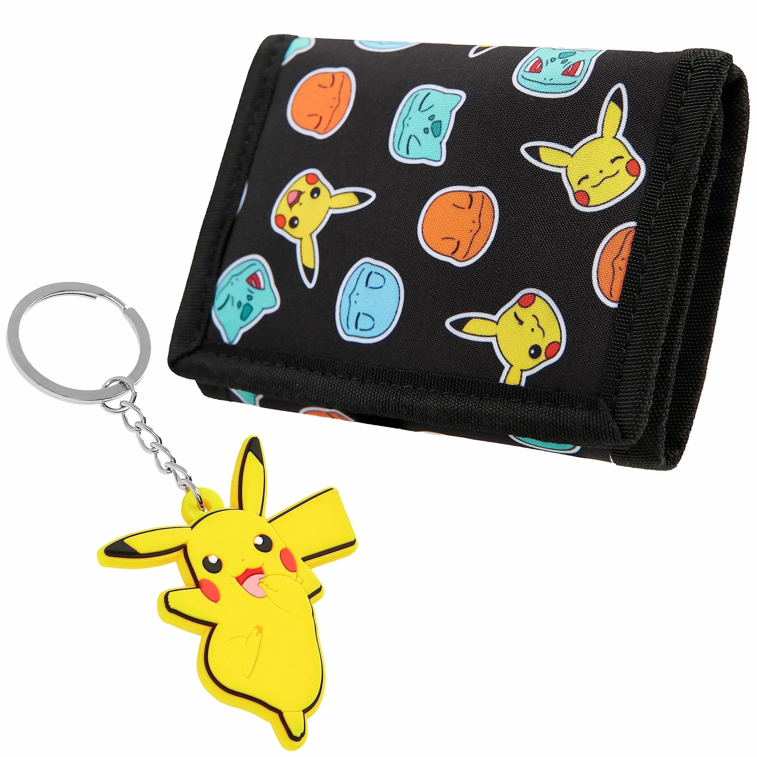 Pokemon Portfel dla dzieci, nastolatków, anime, potrójnie składany, płócienny portfel z kieszonką na dowód osobisty, portmonetką i brelokiem, Pikachu, zestaw upominkowy do podróży, aktywności na