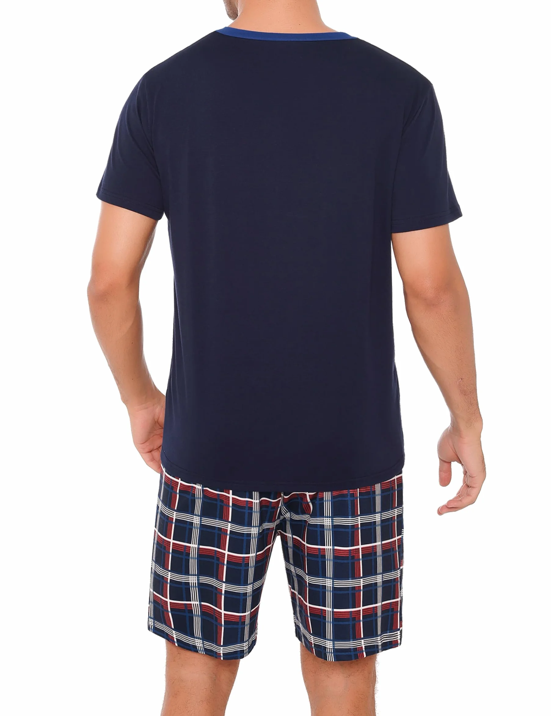 Litherday Męska piżama zestaw bawełniane krótkie piżamy odzież domowa koszulka z dekoltem w serek i szorty w kratę z kieszeniami letnia bielizna nocna bielizna nocna S-XXL