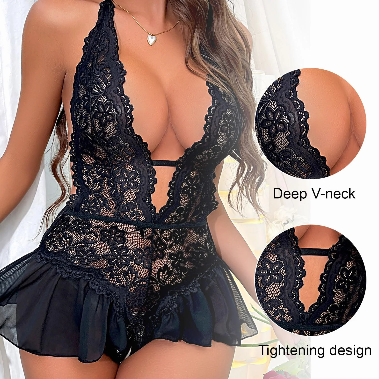 Babydoll Damska Seksowna Koronkowa Bielizna, Teddy Bielizna Jednoczęściowa Niegrzeczna Hot, Babydoll Przezroczysta Koszula Nocna Siatka Dekolt V Patchwork